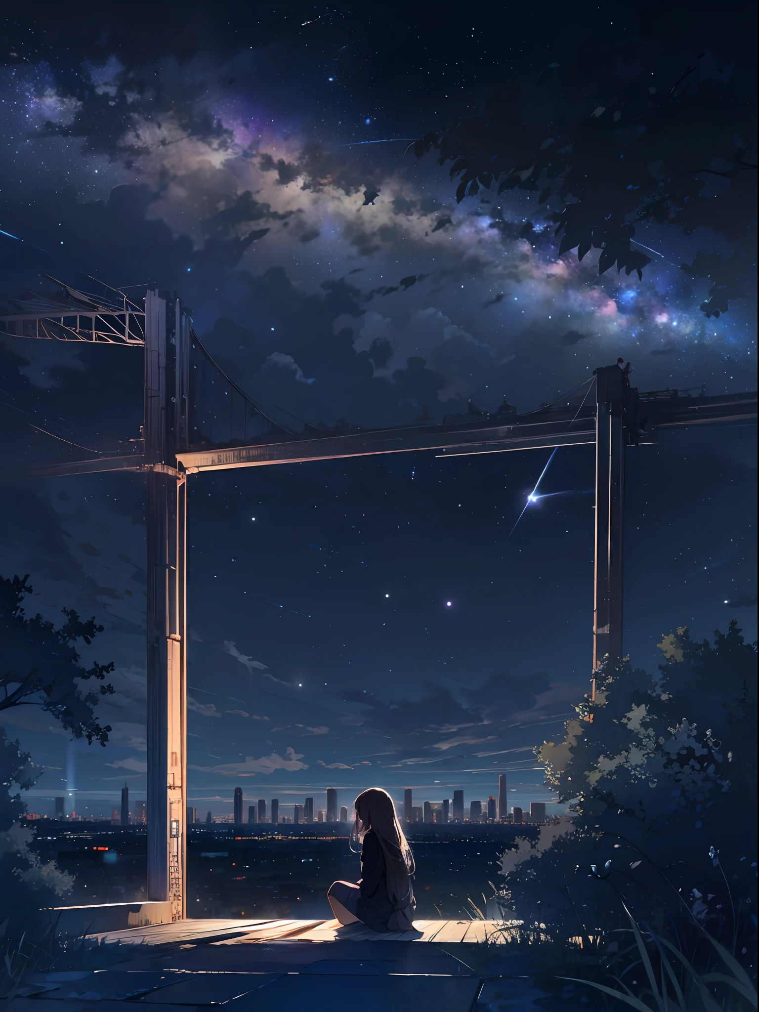 sky, star (sky), scenery, starry sky, night, 1girl, night sky, solo, outdoors, building, cloud, milky way, sitting, tree, long hair, city, silhouette, cityscape