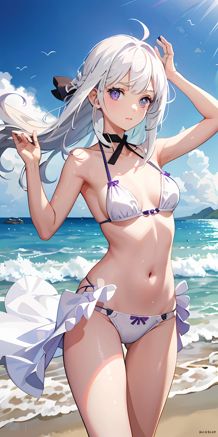 realisticlying, 1girl, White hair, Purple eye, White panties, sea beach, light particules, llight rays, the wallpaper,