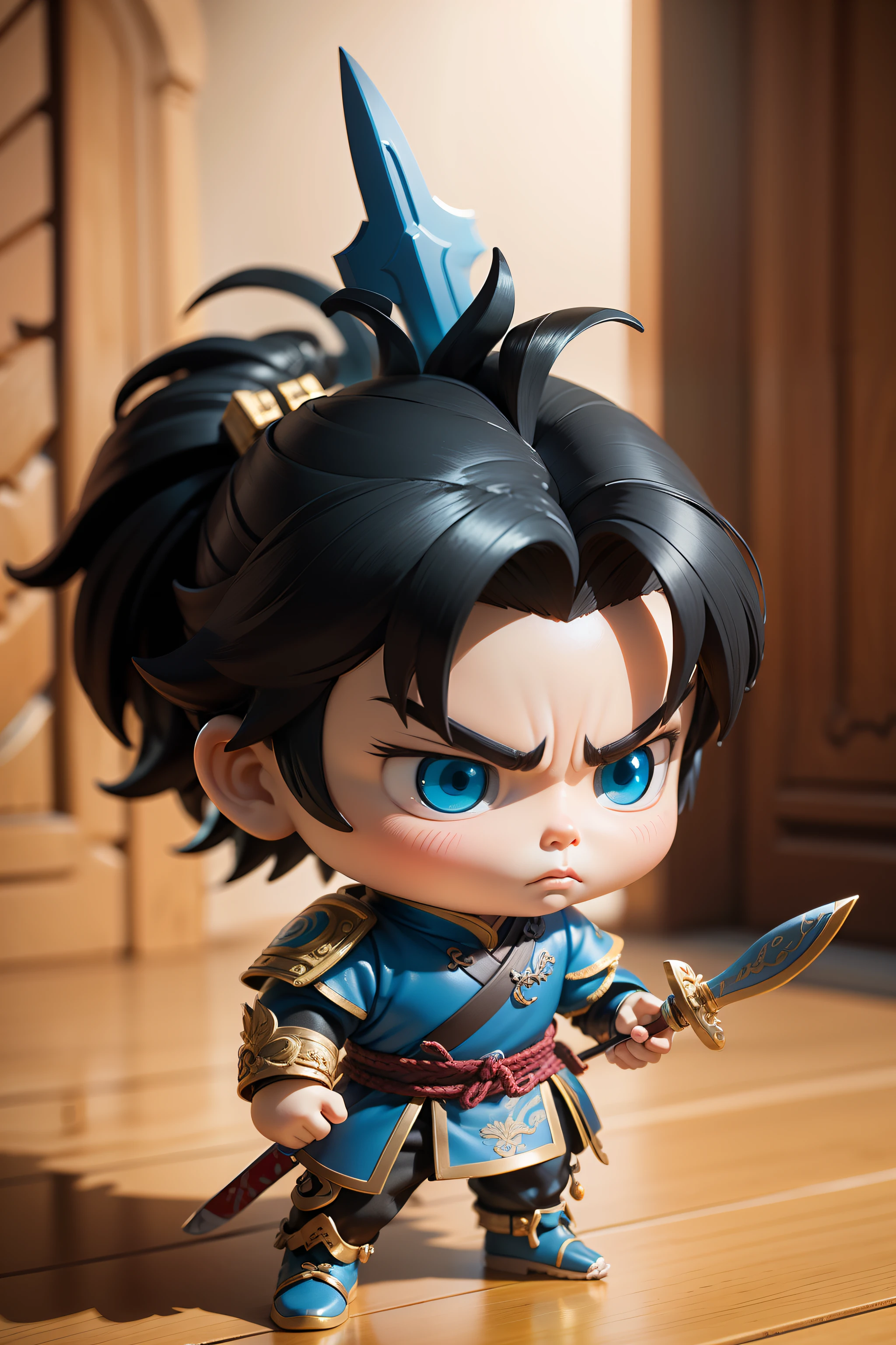 Close-up of a toy character of a boy holding a sword, highly detailed character, Personagem pequeno. Unreal Engine 5, vinyl toy figurine, zhao yun, full-body wuxia, 3D, Li Xiaoyao, , character posing, Angry character with a fan, q posket, Inspired by Li Xiaoyao