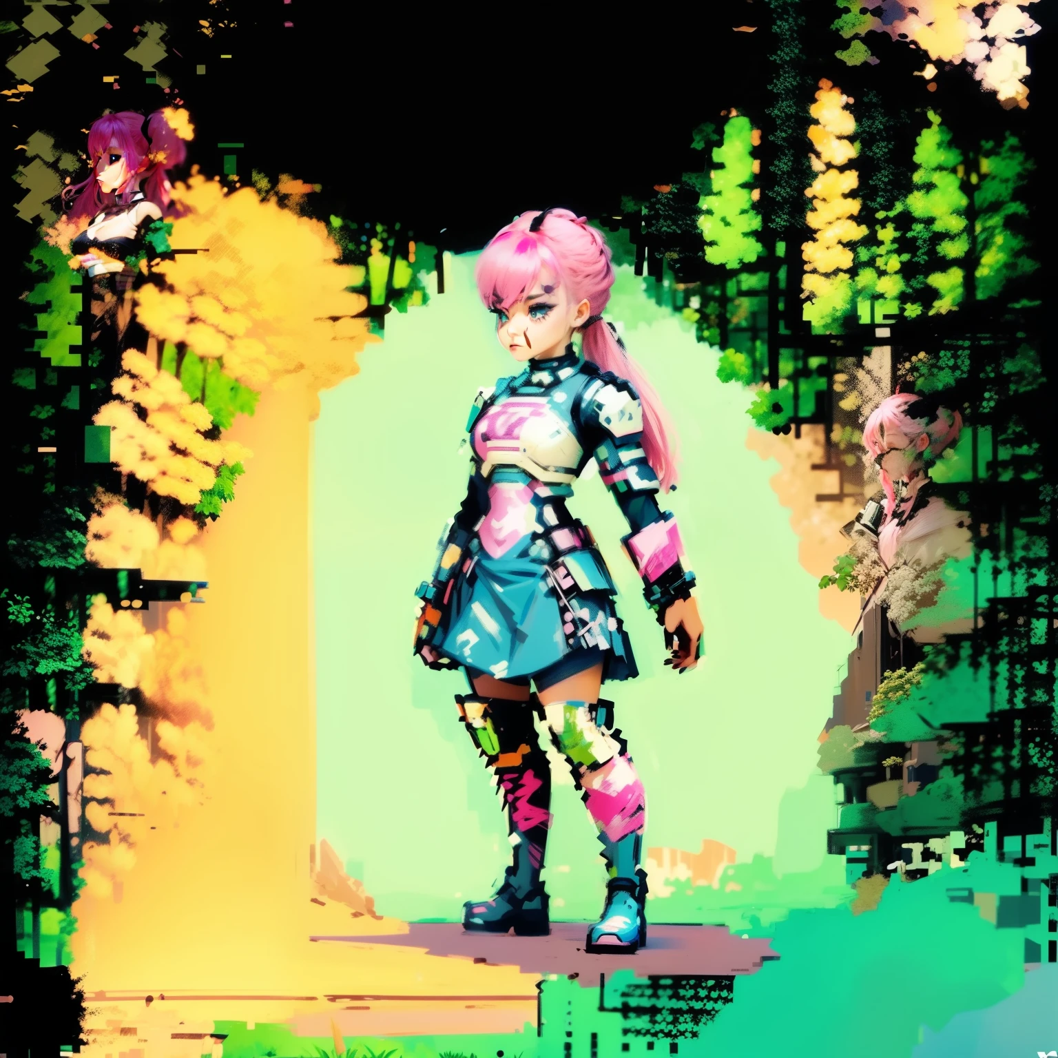 Pink hair，Six ponytails，Wears a less noticeable exoskeleton mech，Cow pattern top，a black pleated skirt，Standing on a meadow，The meadows are dotted with wildflowers of different colors