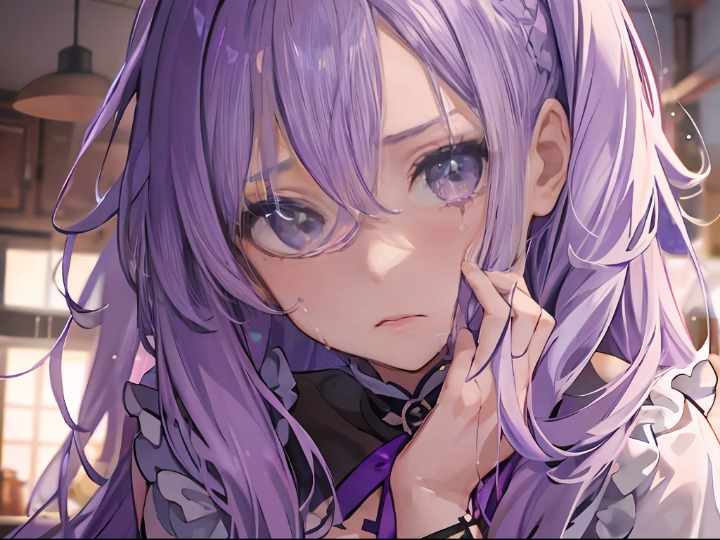 Best quality, tmasterpiece, A -yeld giLong light purple hair and purple eyes,The expression was pitiful and tearful,at the kitchen,closeup cleavage