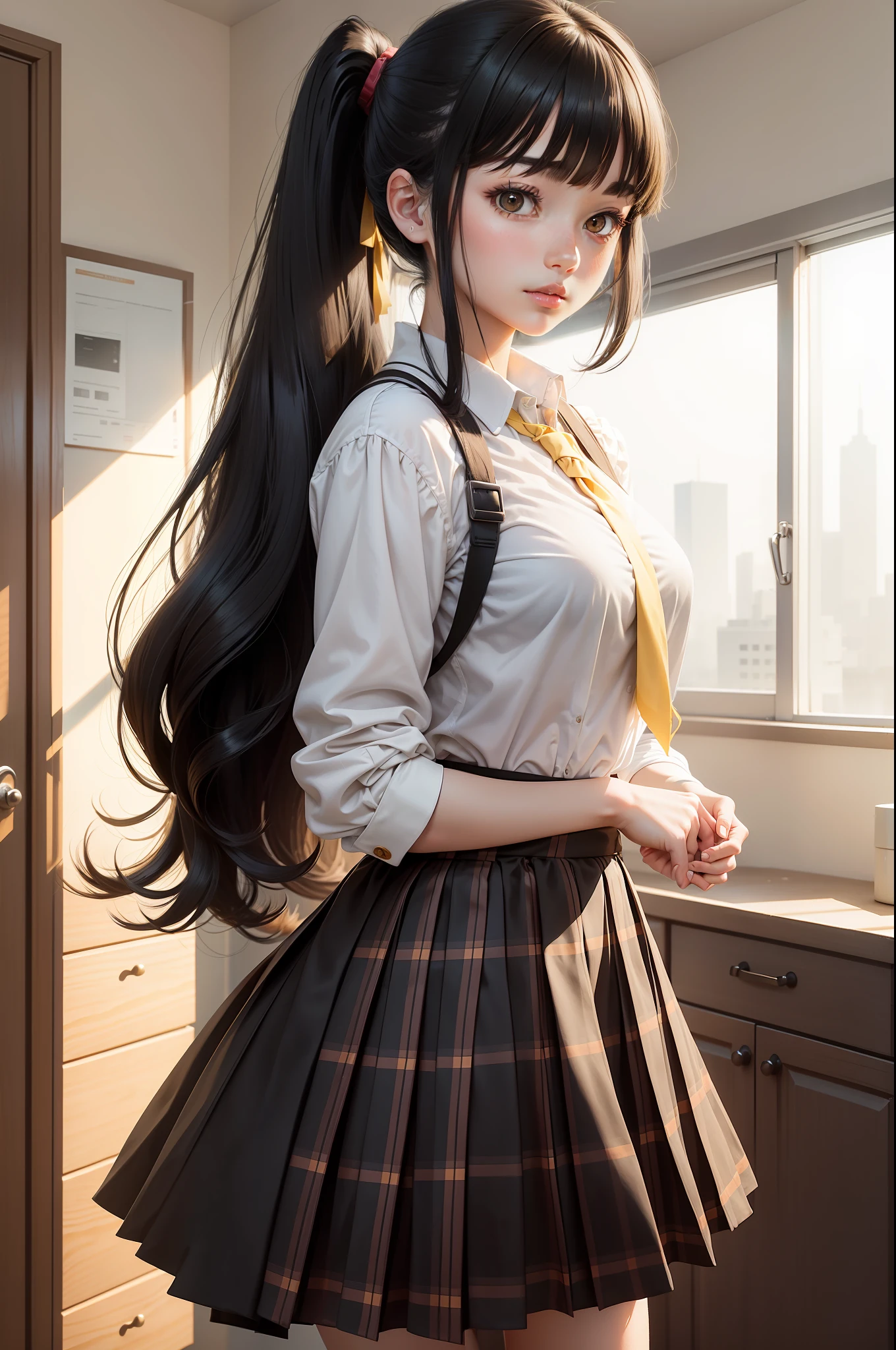 High school girl in yellow plaid skirt,The picture quality is delicate,Long black hair,White skin tone,In front is bangs,Behind is a high ponytail,The chest is slightly straight,In the room,