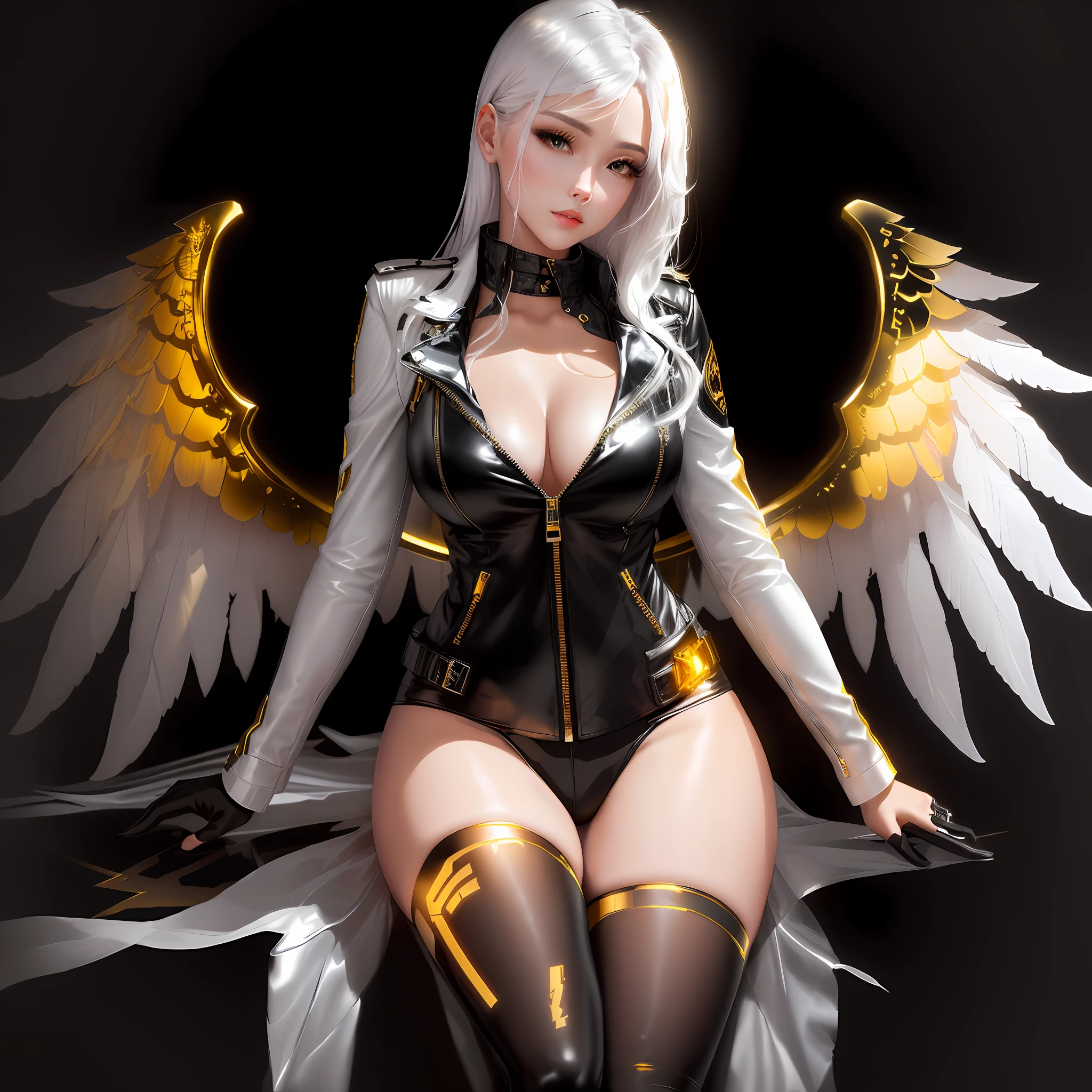 Superb girl black leather jacket gold wings shine sexy transparent black stockings，Delicate figure, white hair，8k wallpaper，k hd