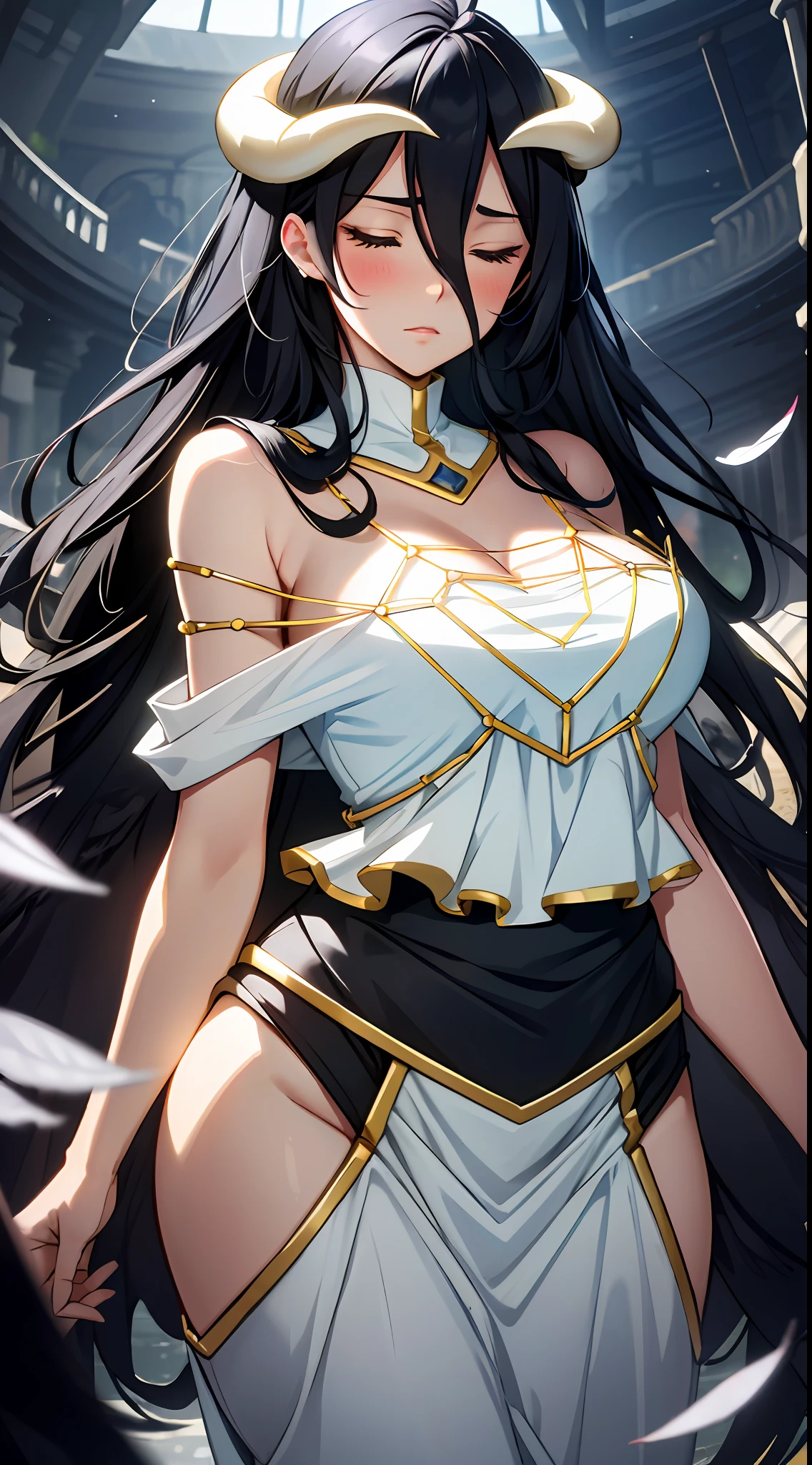 Masterpiece, Best quality, Ultra-detailed, illustration, epic lighting, Cinematic composition, isometry,(hexagons:1.2), 1girll, Horns, Solo, Yellow eyes, Black hair, Long hair, (Low wing:1.2), Pupil of the slit, cleavage, Bare shoulders, hair between eye, Medium breasts, (White dress:1.1), Golden decoration, Detached collar, view the viewer, Semi-closed Eyes, (view the viewer:1.1), parted lip, Blush, Black feathers fall, Arena, particle fx, (8K:1.1)