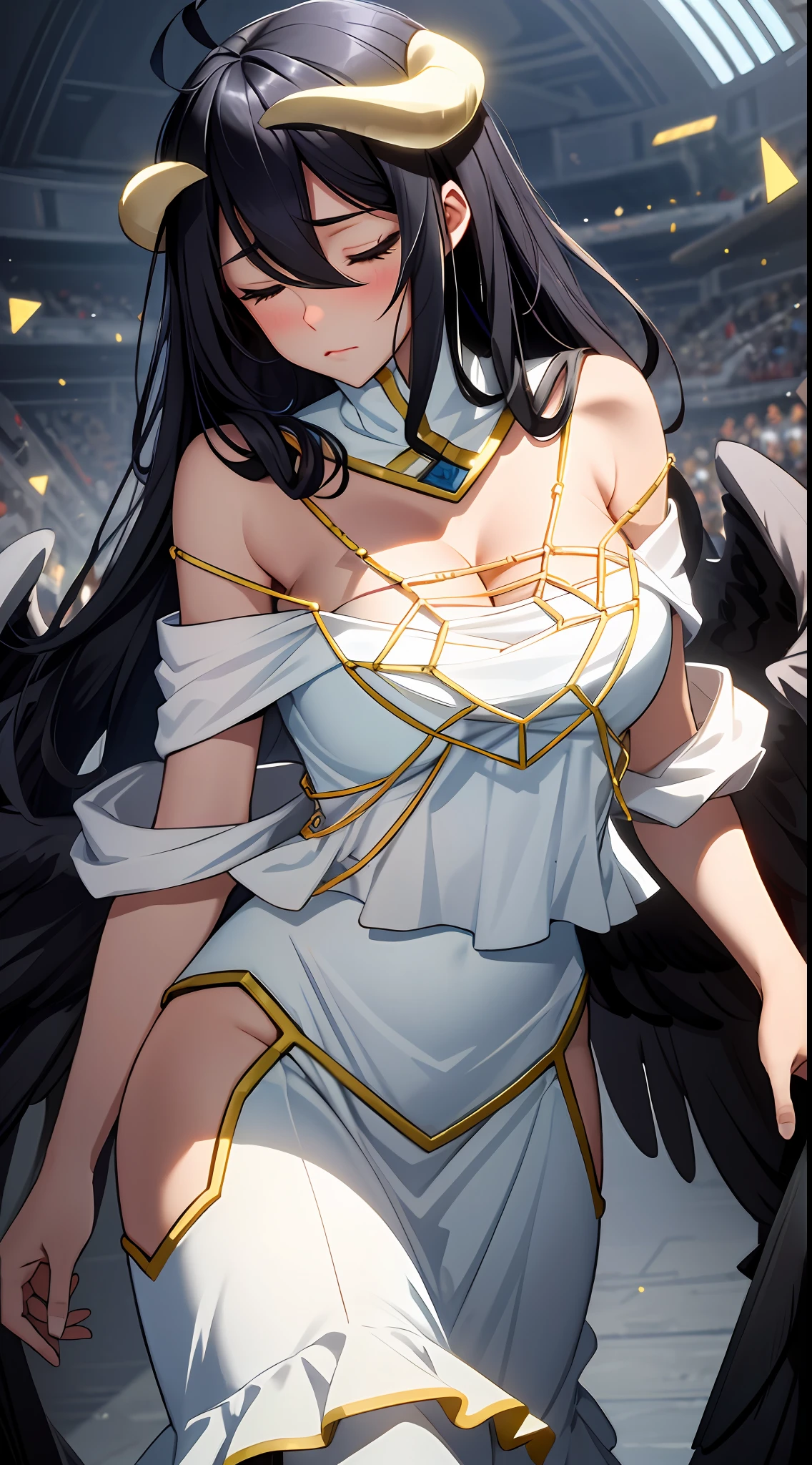 Masterpiece, Best quality, Ultra-detailed, illustration, epic lighting, Cinematic composition, isometry,(hexagons:1.2), 1girll, Horns, Solo, Yellow eyes, Black hair, Long hair, (Low wing:1.2), Pupil of the slit, cleavage, Bare shoulders, hair between eye, Medium breasts, (White dress:1.1), Golden decoration, Detached collar, view the viewer, Semi-closed Eyes, (view the viewer:1.1), parted lip, Blush, Black feathers fall, Arena, particle fx, (8K:1.1)