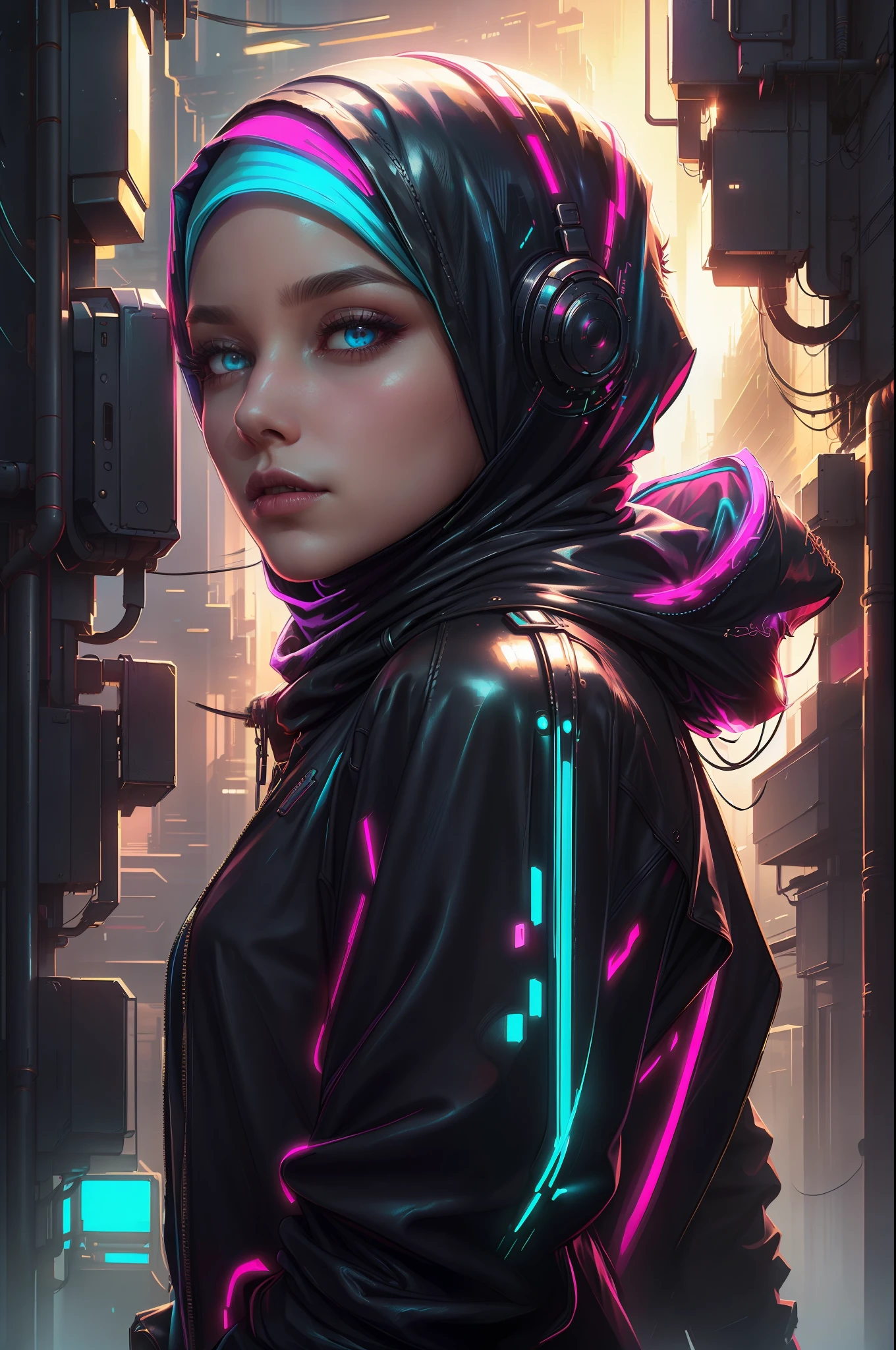 (Blue and Magenta), (Neon Cyberpunk Hijab: 1.5), [Style: Neon Cyberpunk: 1.3], (RAW Photos: 1.2), (Perfect Eyes: 1.5)),  (Photorealistic: 1.4), (Masterpieces: 1.3), (Best Quality: 1.4), Dreamy, (Detailed Eyes), (Detailed Facial Features), ( (8k:1.27), best quality, masterpiece, Hijab hair, ultra highres:1.2) Photo of Pretty woman (beautiful:1.1) (sci-fi woman:1.1), (Hijab cloak: 1.61) (Hijab leather Coat:1.21) intricate elegant, fantasy, detailed, ometric by greg rutkowski and alphonse mucha, gradient lighting