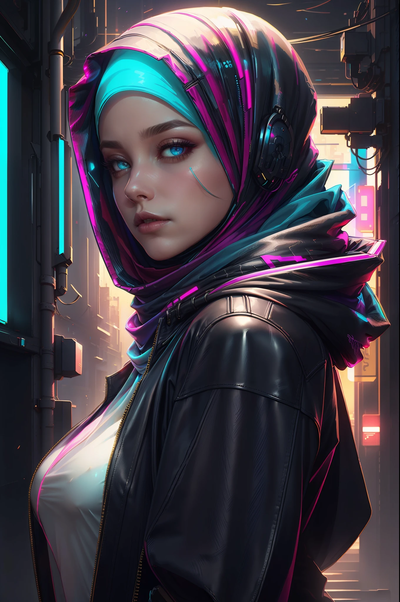 (Blue and Magenta), (Neon Cyberpunk Hijab: 1.5), [Style: Neon Cyberpunk: 1.3], (RAW Photos: 1.2), (Perfect Eyes: 1.5)),  (Photorealistic: 1.4), (Masterpieces: 1.3), (Best Quality: 1.4), Dreamy, (Detailed Eyes), (Detailed Facial Features), ( (8k:1.27), best quality, masterpiece, Hijab hair, ultra highres:1.2) Photo of Pretty woman (beautiful:1.1) (sci-fi woman:1.1), (Hijab cloak: 1.61) (Hijab leather Coat:1.21) intricate elegant, fantasy, detailed, ometric by greg rutkowski and alphonse mucha, gradient lighting