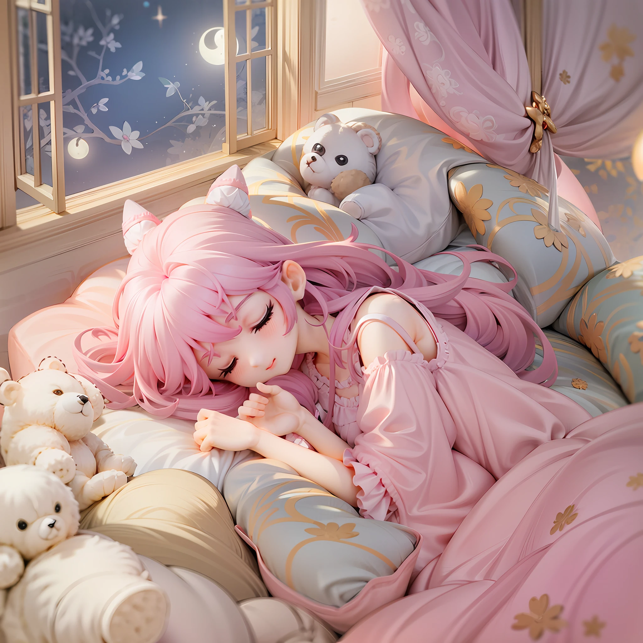 1girl, sleeping soundly, soft pillow, serene expression, fluffy blanket, moonlight filtering, teddy bear companion, gentle breathing, soft pastel nightgown, dreamy ambiance, hair sprawled delicately, window slightly open, gentle night breeze, soft chirping crickets, delicate eyelashes, small smile, dream bubble, floating above her head, whimsical fairytale scene inside, soft pink walls, childhood photo frame,