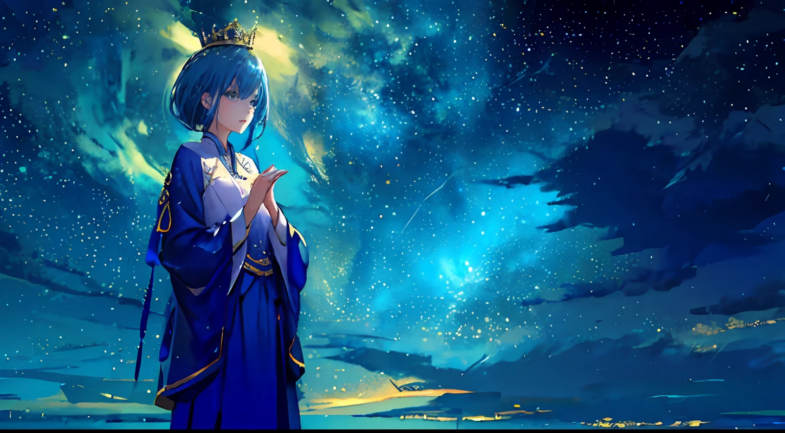 The vast universe of the starry sky and night sky,Bright stars。Blue-haired girl,blue hairs,beautiful blue-haired girl,Flowing blue hair,pretty girl with blue hair,the long flowing blue hair,Greenish-blue tones,Noble princess dress,Highbrow,Slender eyebrows,Clear eyes,Ruddy lips,Soft skin,Satin long-sleeved blouse,Furnished with a golden edge,Antique long-sleeved dress,The skirt pattern is the pattern of the starry sky。Crown on head,Birthday cap,Wish-making gesture,Make a wish with your hands crossed,eye closeds。1male people,handsome,Half shot,Diviner,Birthday cake in hand,Stand next to the girl,Face her。
