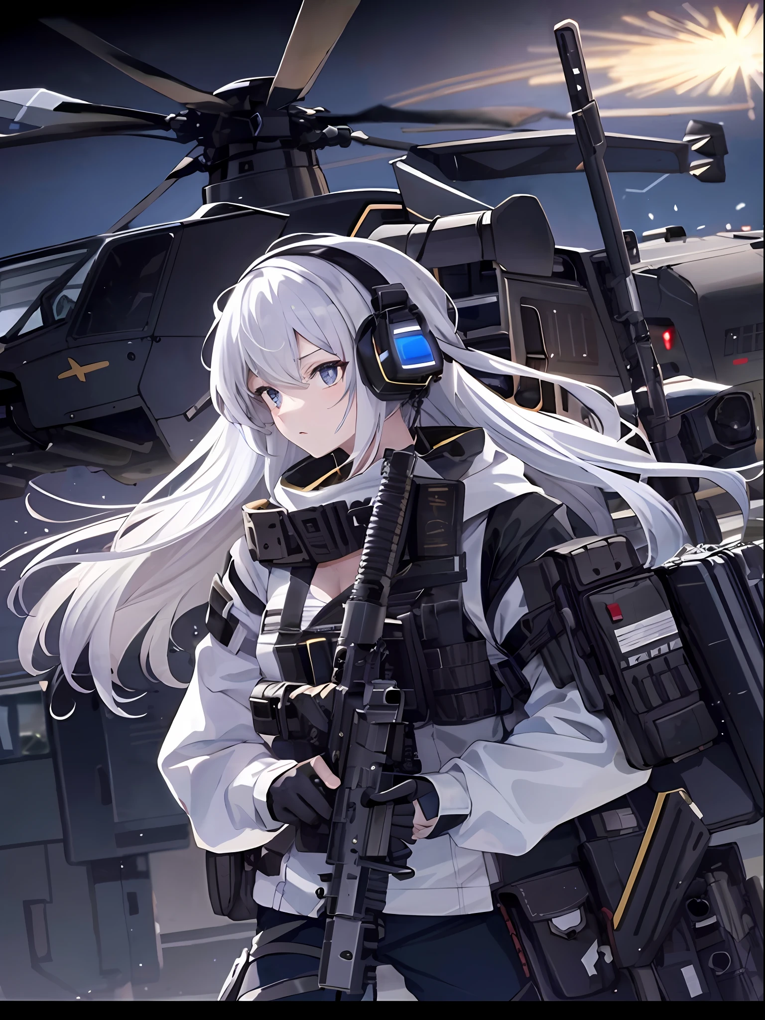 (tmasterpiece, best qualtiy,style of anime,a sense of atmosphere,karo,nigth)(teens girl,white color hair,Black helmet,Black body armor,Wear tactical headsets,closeup cleavage)(in the background,A gunship that is about to take off at night)