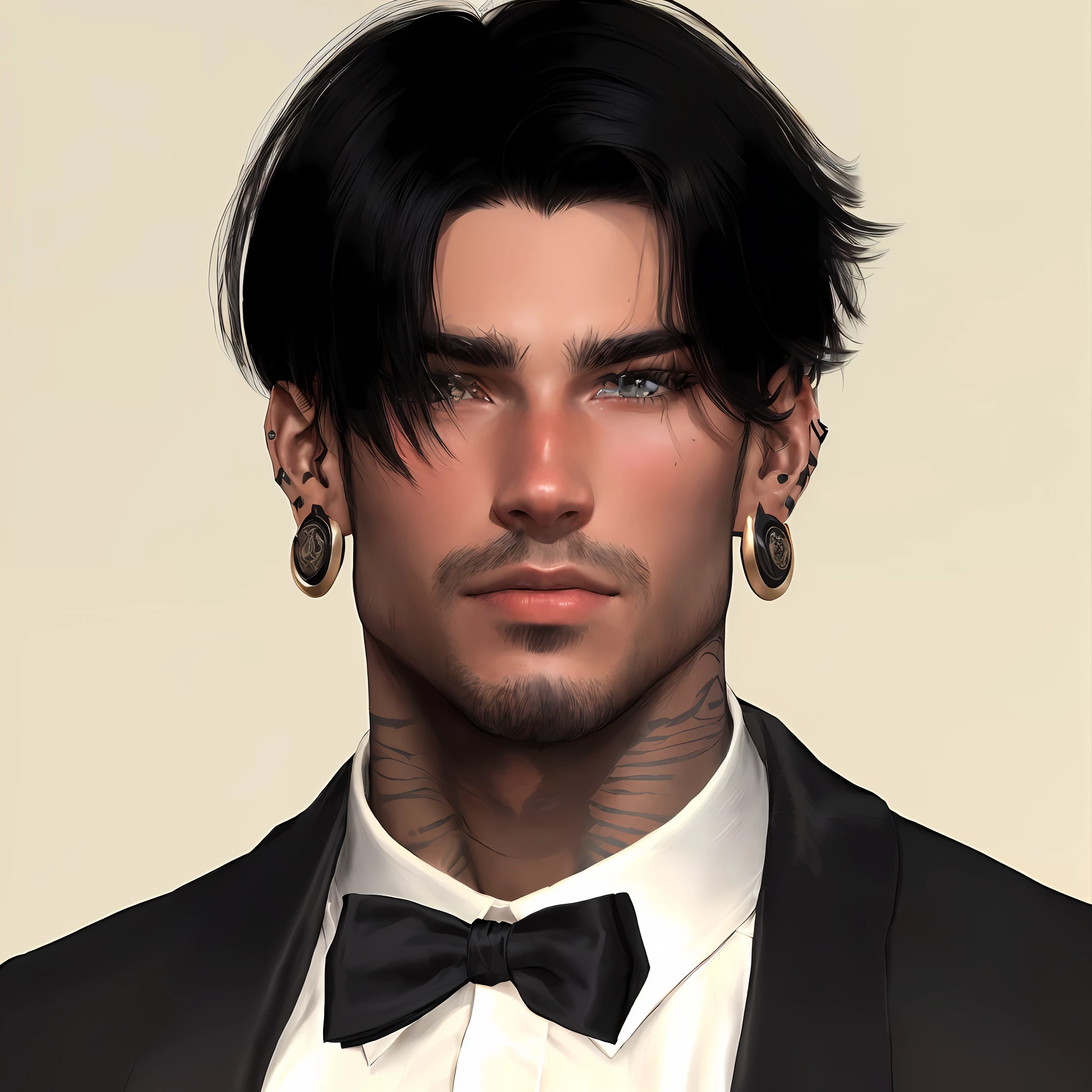 There's a man with black hair and a bow tie, humano masculino, com o rosto muito detalhado, Christian, bonito rosto detalhado, macho malvado desonesto, personagem masculino, Rosto Masculino, Macho bonito, retrato masculino da fantasia, bonito impressionante realista, cabelo preto liso, Personagem altamente detalhado, inspirado em Sebastian Vrancx, Avatar do Second Life
