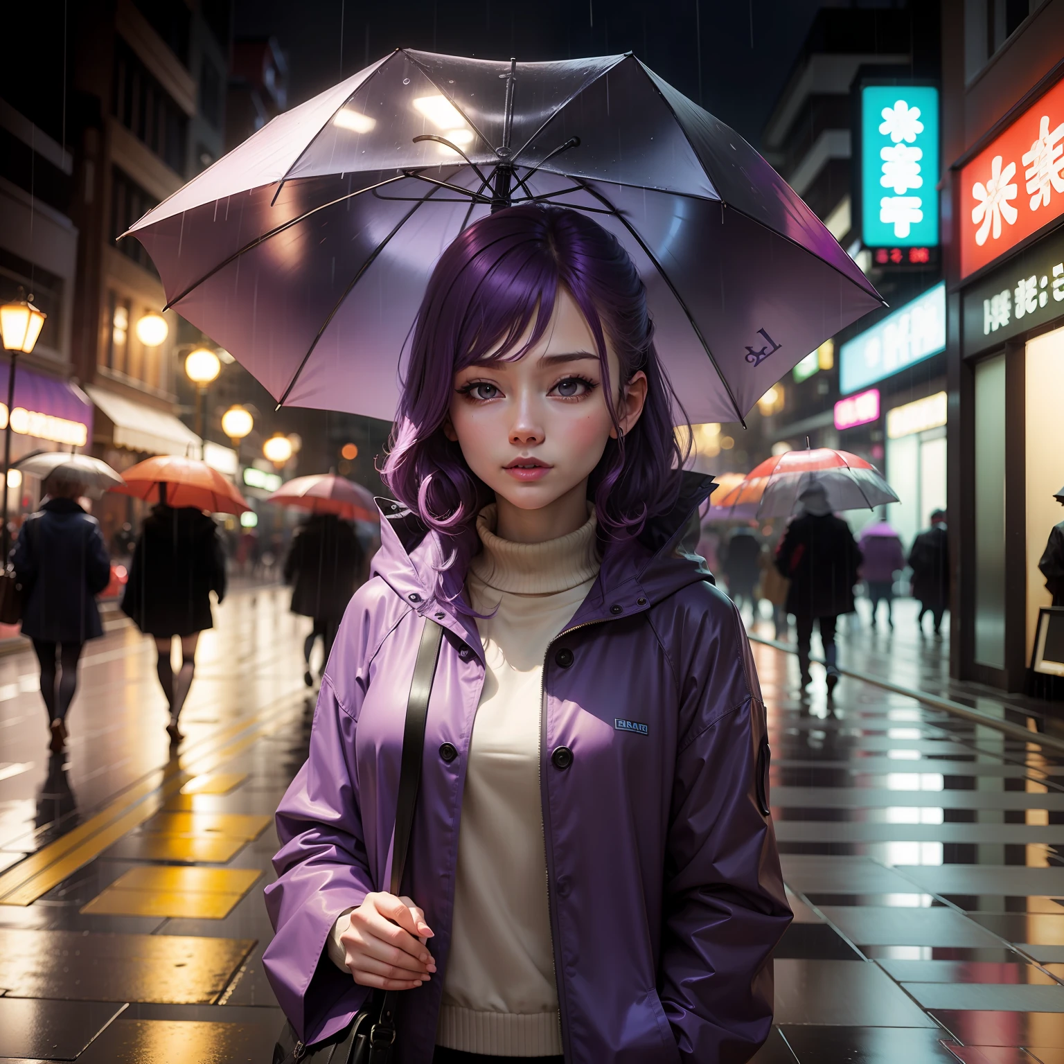 Purple-haired woman。Holding an umbrella on rainy days