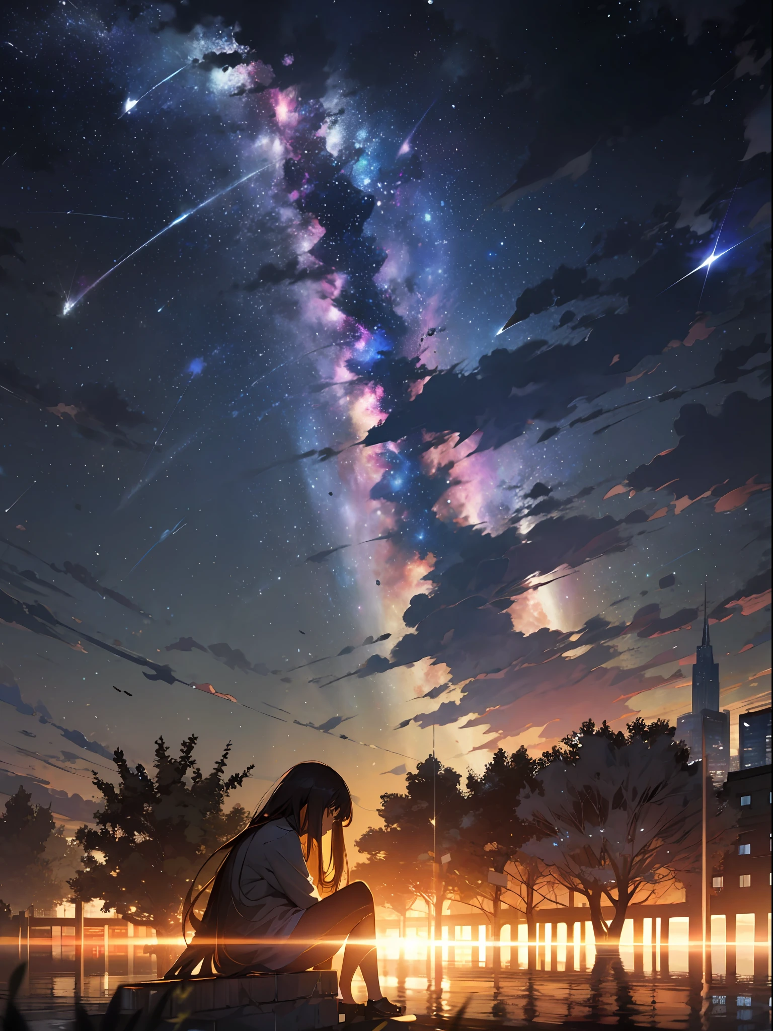 sky, star (sky), scenery, starry sky, night, 1girl, night sky, solo, outdoors, building, cloud, milky way, sitting, tree, long hair, city, silhouette, cityscape