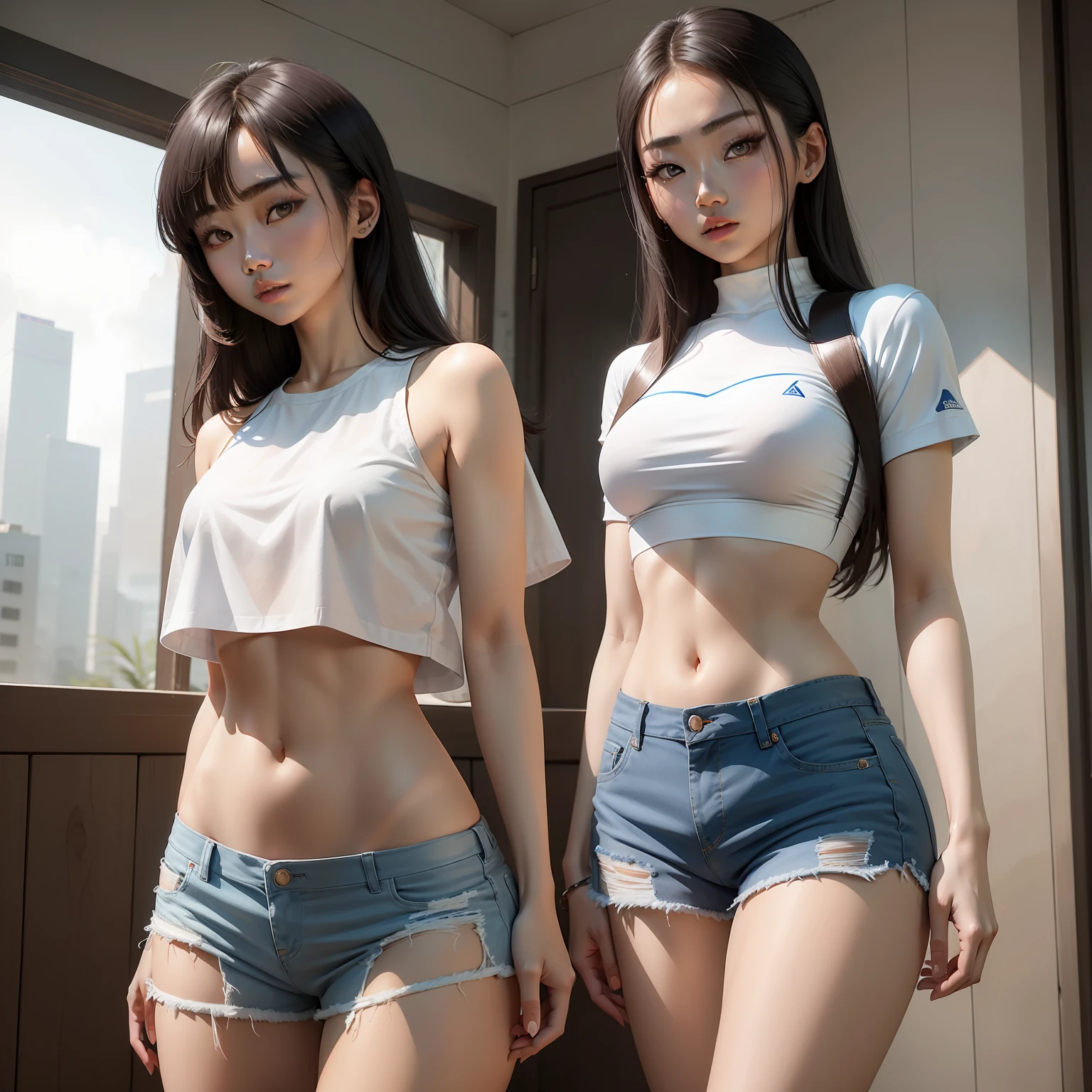 1
arafed asian woman in a white shirt and blue shorts posing for a picture, with ripped crop t - shirt, korean girl, gorgeous young korean woman, photo of slim girl model, beautiful south korean woman, korean women's fashion model, beautiful young korean woman, wearing crop top, dilraba dilmurat, croptop, asian girl, crop top