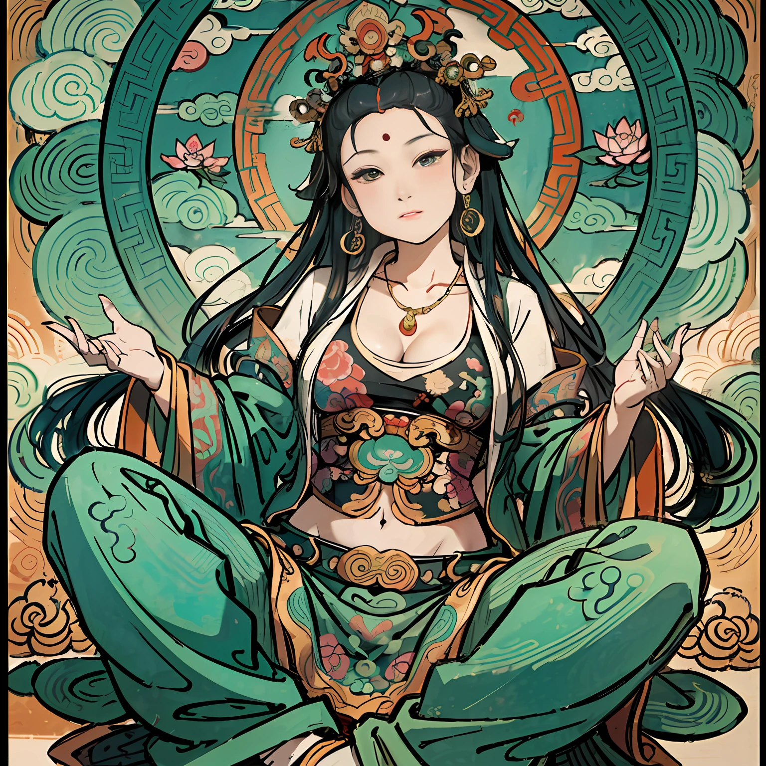 an ancient Chinese goddess, guanyin of the southern seas, Guanyin, Inspired by India, Avalokiteshvara,,Serene expression,shui mo hua,Buddha,Buddhist,Lotus,Chinese painting style,Thangka style