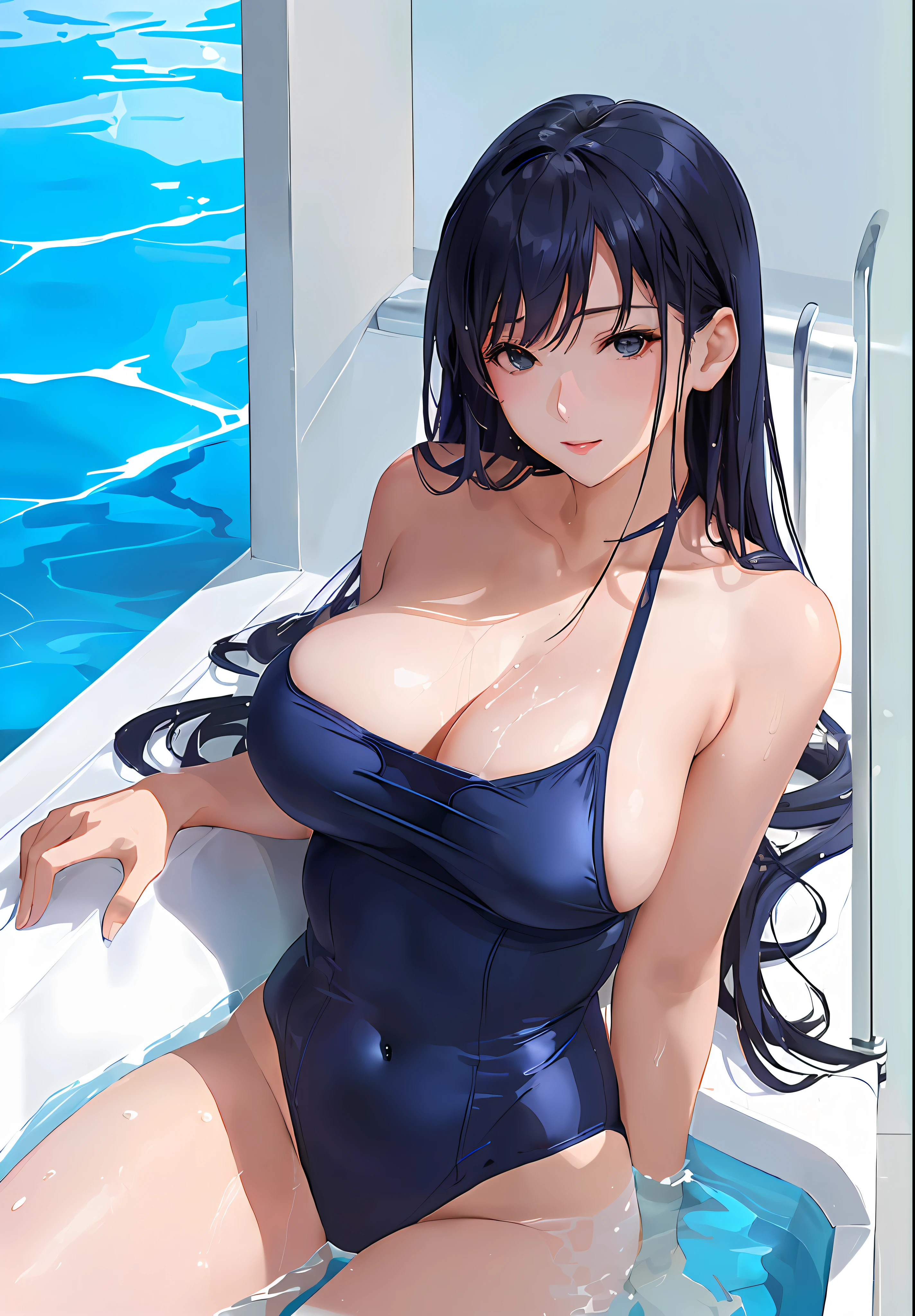 Mother in deep navy blue tanksuit swimsuit sitting in pool、The swimsuit is wet、beautiful alluring anime teen、beautiful alluring anime woman、Gentle and maternal woman、Sexier than moist eyes、Sexy Art、Realistic sensual gravure idol