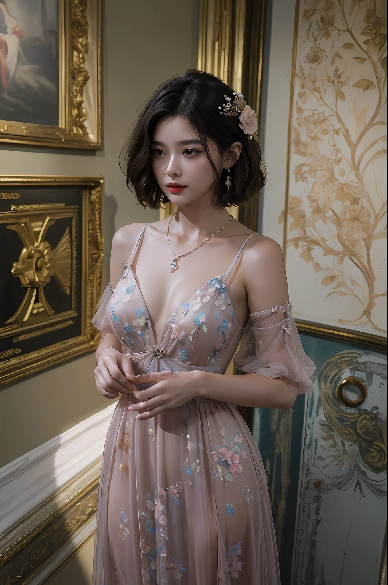 top-quality、masterpiece、超A high resolution、(Photorealsitic:1.5)、Raw foto、1girl in、murky、deep-shadows、Unobtrusive、cold light、sexy appearance、shorth hair、((very_short_hair))、((Luxury evening dresses))、((Luxurious painting))、((Luxurious necklace))、((Floral hair ornament))、((hair_ornament))