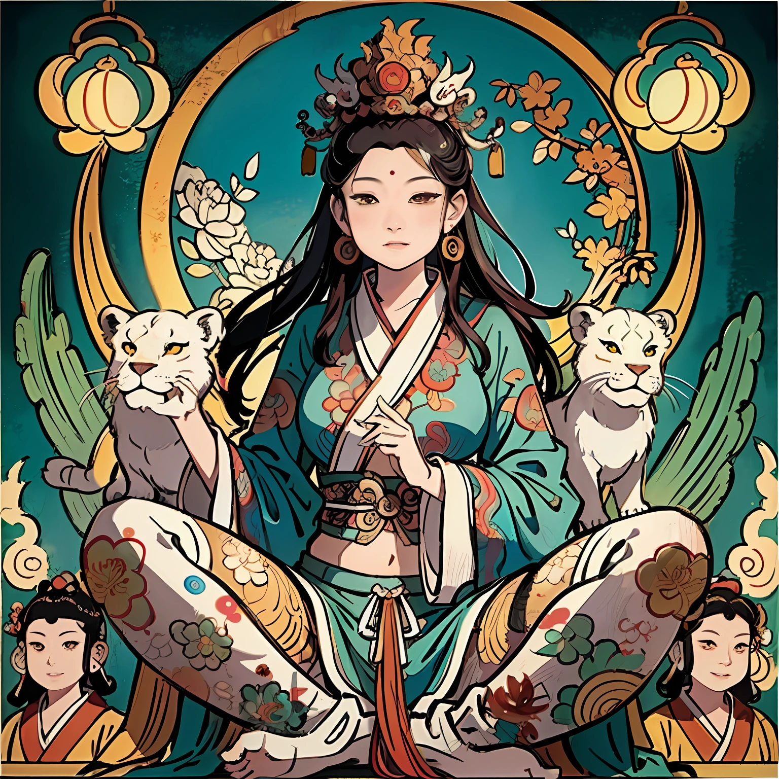 an ancient Chinese goddess, guanyin of the southern seas, Guanyin, Inspired by India, Avalokiteshvara rides a lion，,Serene expression,shui mo hua,Buddha,Buddhist,Lotus,Chinese painting style,Thangka style