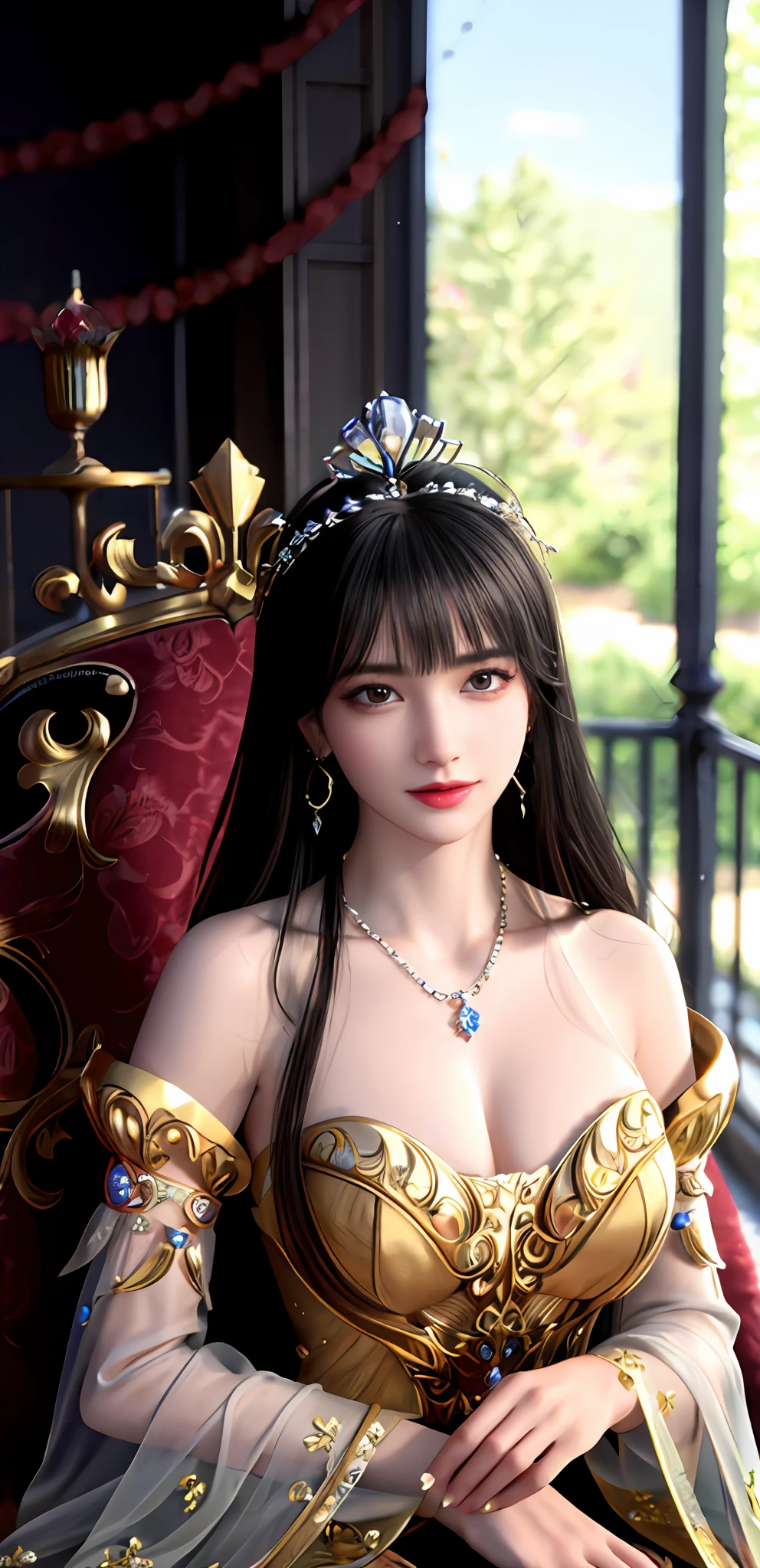 (realisticity: 1.2), best quality, 8K UHD, masterpiece, highres,cg,
1 super detailed girl, super detailed queen
, sitting on a super detailed royal throne, lud, xurious royal palace background, beautiful and detailed, super detailed long hair, wearing a beautiful and luxurious crown with diamonds and super detailed,
super detailed dress, Super detailed dress sleeves, super detailed beautiful earrings, Beautiful and beautiful necklace full of super detailed diamonds,
solo, jewelry, super detailed red and yellow dress, pretty face, beautiful, and super detailed,
, earrings, super detailed hairdo, splashing, the upper body is very super detailed, super detailed hair bun, super detailed black hair,
lighting,candid,Photograph,high resolution,4k,8k,Bokeh,