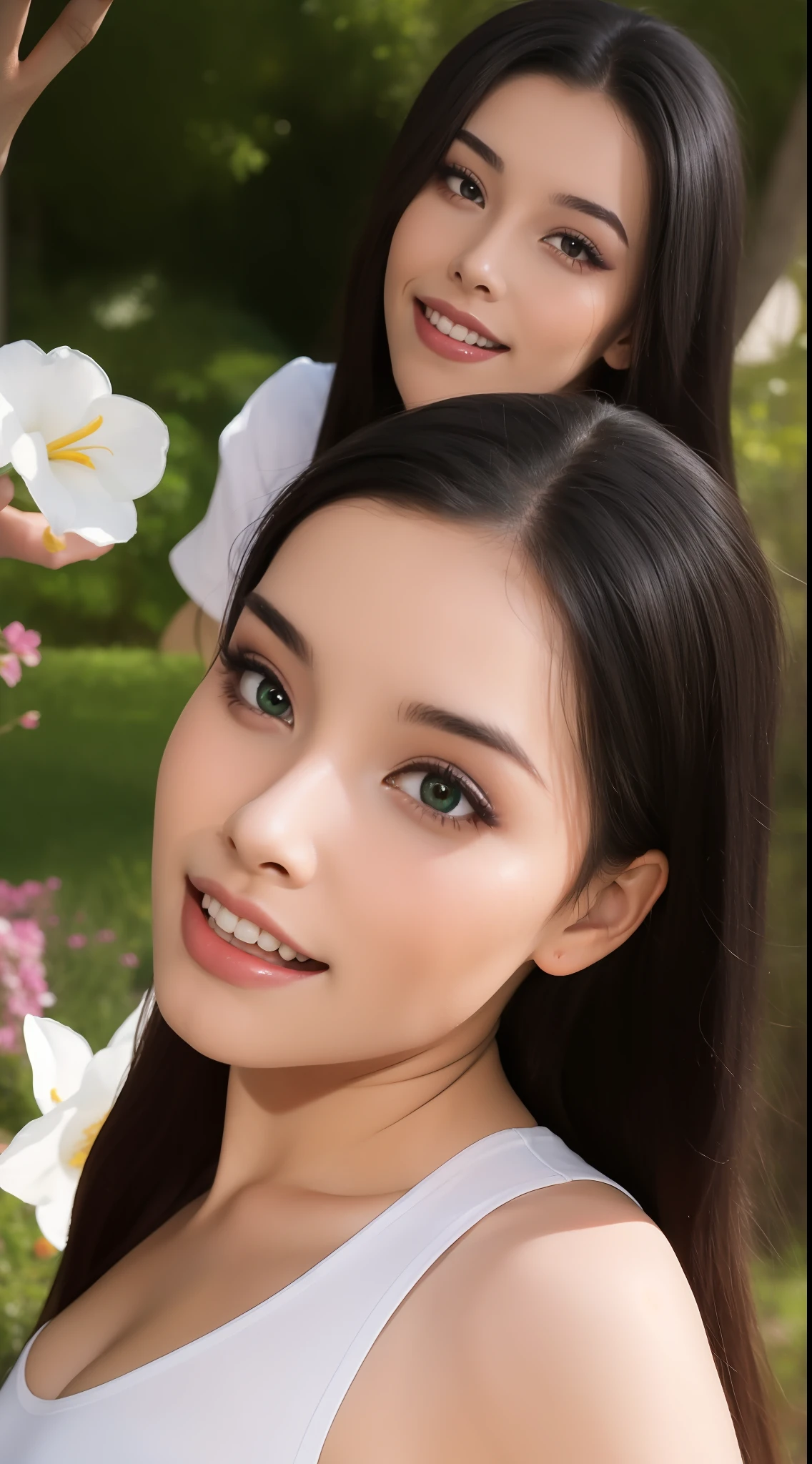 Fashion model  [[[[closeup cleavage]]]], [[[[boobgasm]]]], [[[[coll]]]], [[[[bshoulders]]]], perfect  eyes, Perfect iris，Perfect lips，perfect teeth，Perfect skin，with fair skin，Soft front light，hdr，Movie girl，Casual，ssmile，The background is outdoor，Green trees and flowers，（pastel colour：1.2）