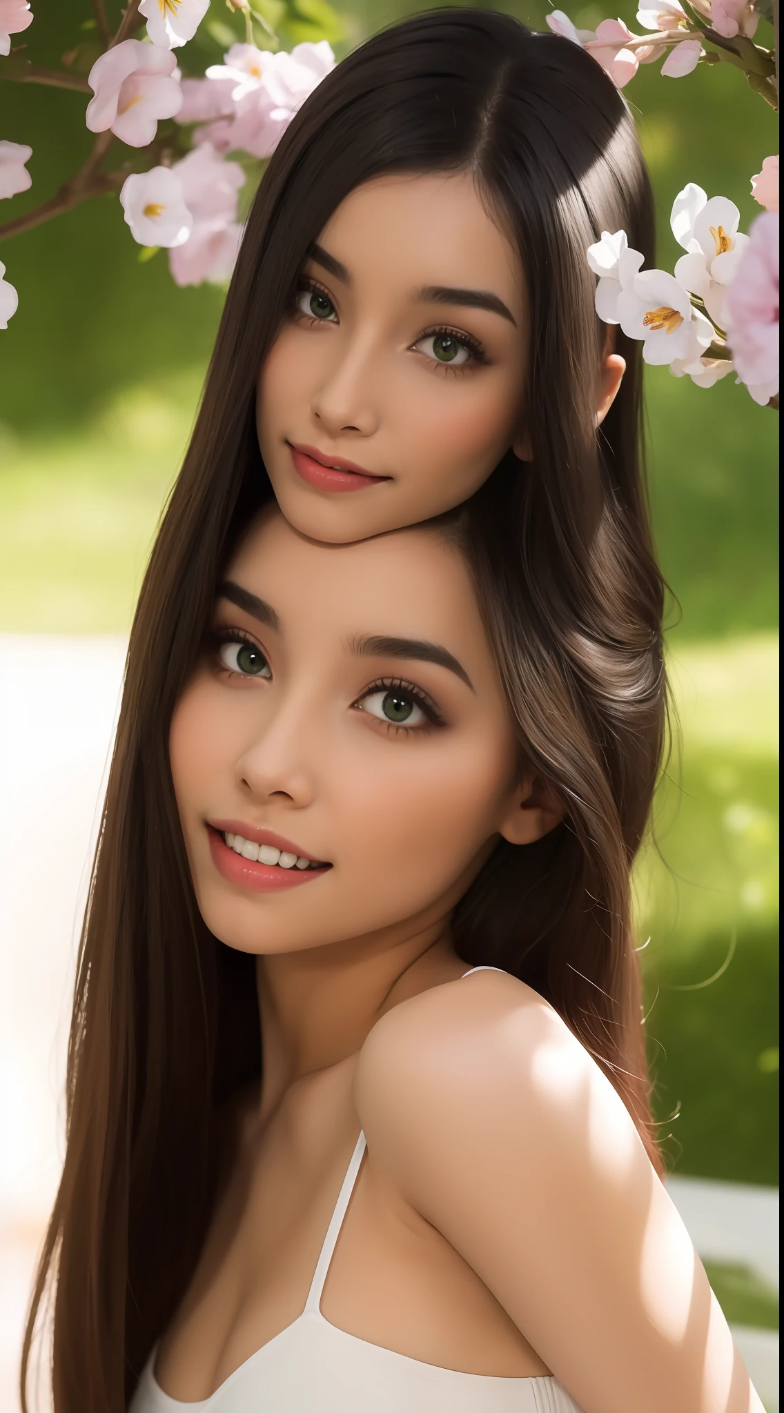 Fashion model  [[[[closeup cleavage]]]], [[[[boobgasm]]]], [[[[coll]]]], [[[[bshoulders]]]], perfect  eyes, Perfect iris，Perfect lips，perfect teeth，Perfect skin，with fair skin，Soft front light，hdr，Movie girl，Casual，ssmile，The background is outdoor，Green trees and flowers，（pastel colour：1.2）