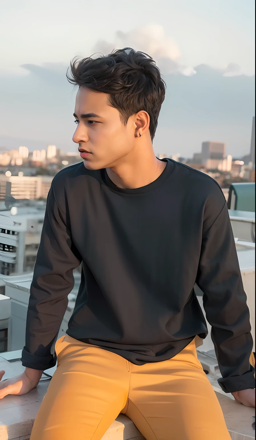 arafed man sitting on a ledge looking at the city, on rooftop, around 1 9 years old, mid shot portrait, in a rooftop, standing on rooftop, on a rooftop, standing on a rooftop, shot on canon eos r5, shot on canon eos r 5, shot on sony a 7, cinematic full shot, cinematic look, very very low quality picture