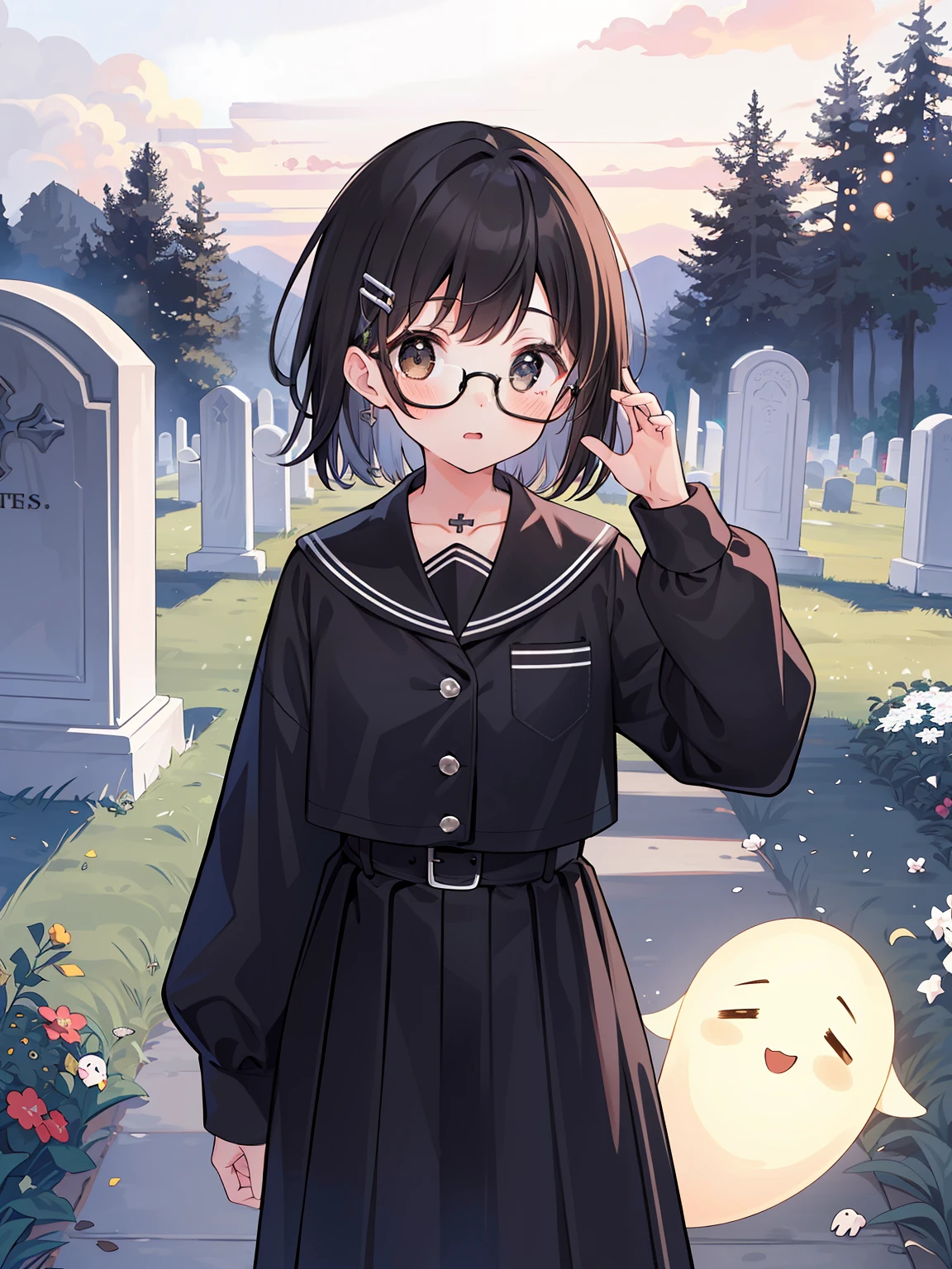 (girl with、a junior high school student、A dark-haired、short-hair、straight haired、Light brown eyes、hair adornments、wearing black glasses、cute face)、masterpiece、best qualtiy、test of courage、Cute ghosts、astonished face、graveyard、natta