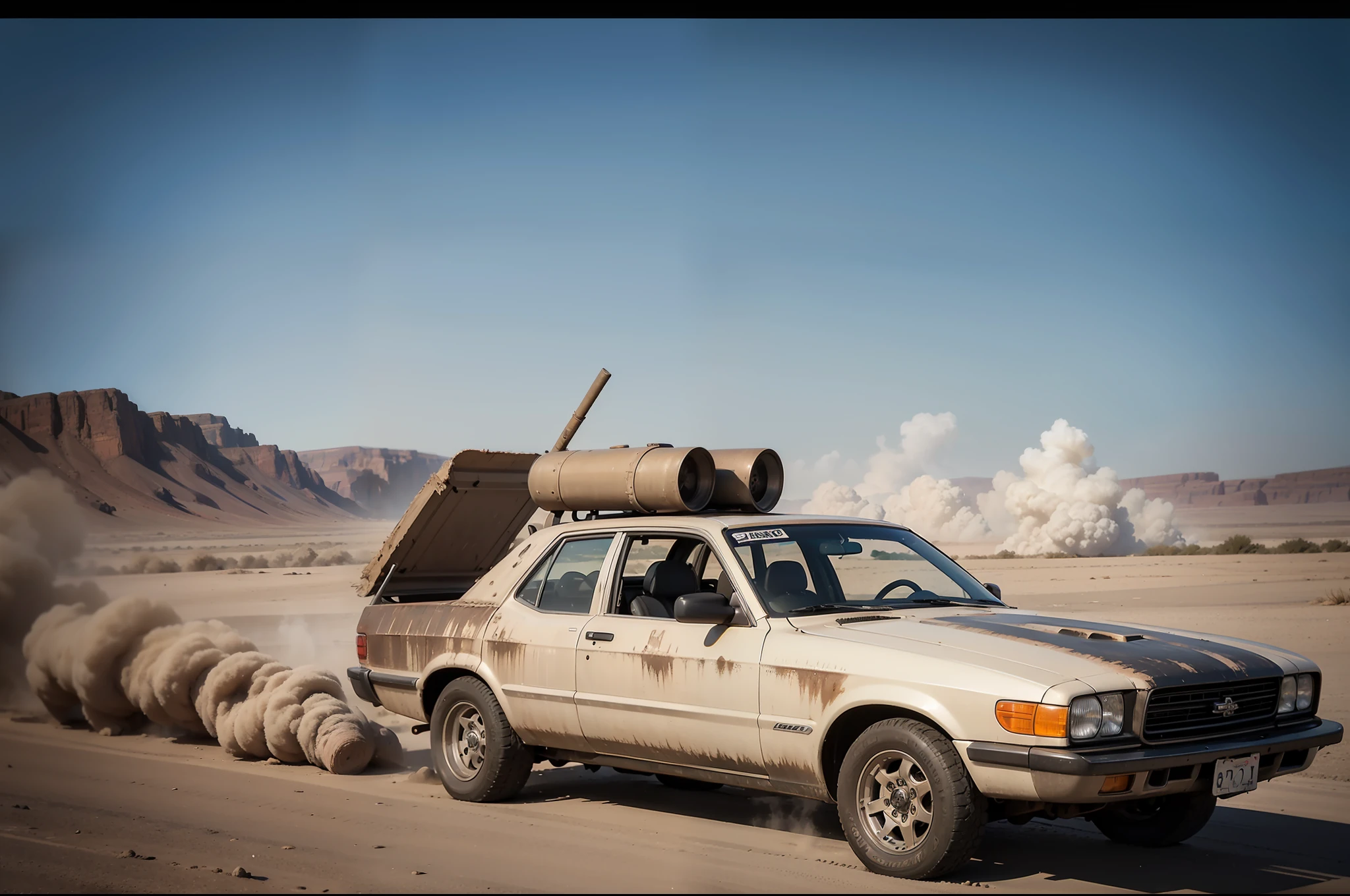 A passenger car in the vein of Mad Max, turned 3/4 towards the viewer, the vehicle's surface covered in patches of worn leather and bullet holes, a roaring sandstorm raging in the background, obscuring the horizon and adding a sense of imminent danger, the atmosphere charged with tension and uncertainty, Mixed Media, combining digital painting and photography, merging the grittiness of the car with the chaotic beauty of the sandstorm, --ar 16:9 --v 5