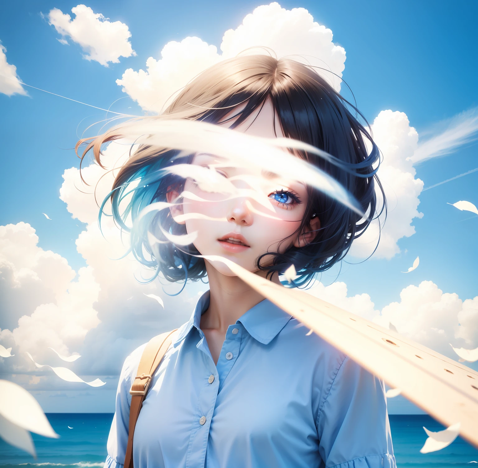 The girl's face is blue sky