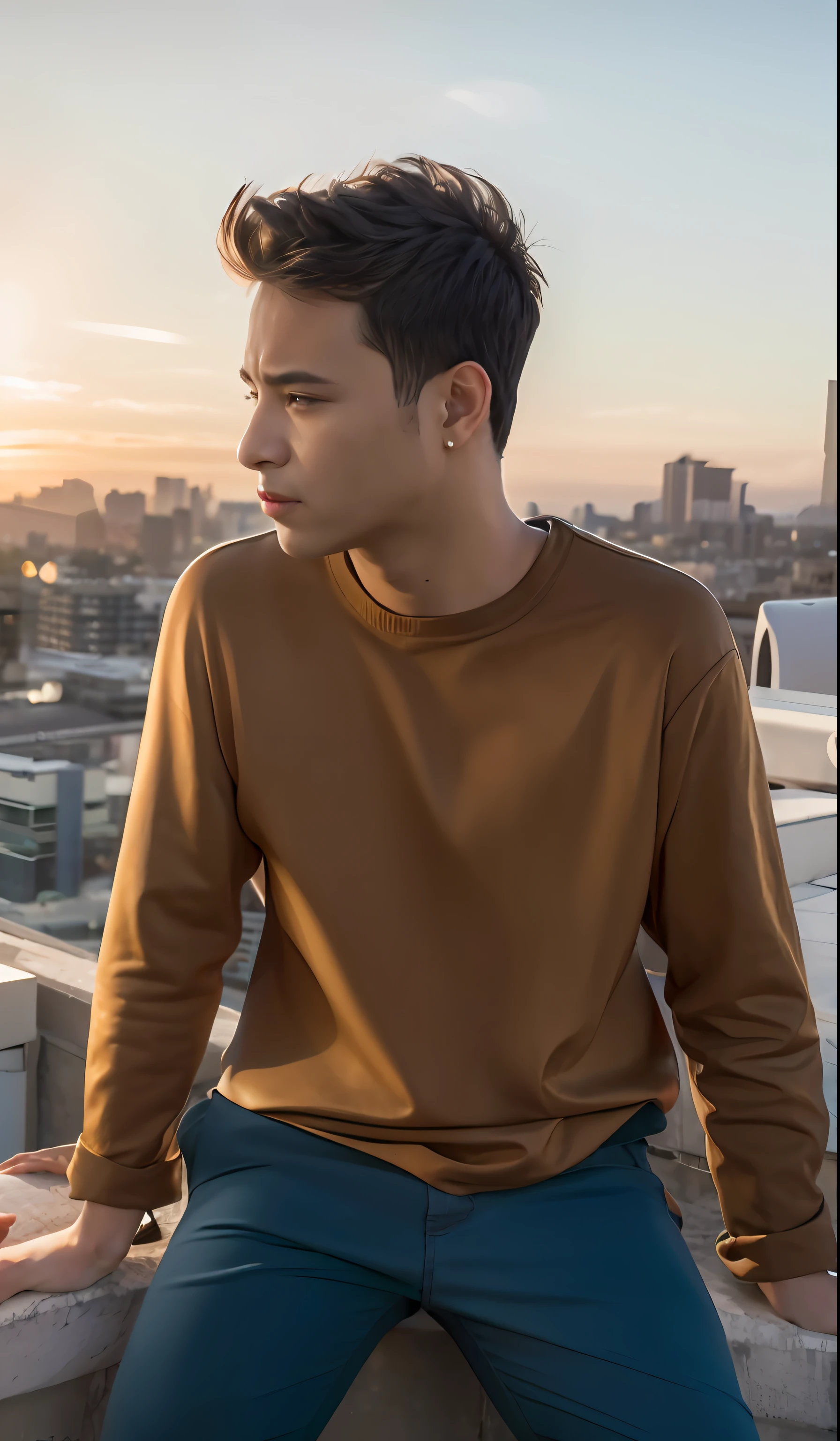 arafed man sitting on a ledge looking at the city, on rooftop, around 1 9 , mid shot portrait, in a rooftop, standing on rooftop, on a rooftop, standing on a rooftop, shot on canon eos r5, shot on canon eos r 5, shot on sony a 7, cinematic full shot, cinematic look, very very low quality picture