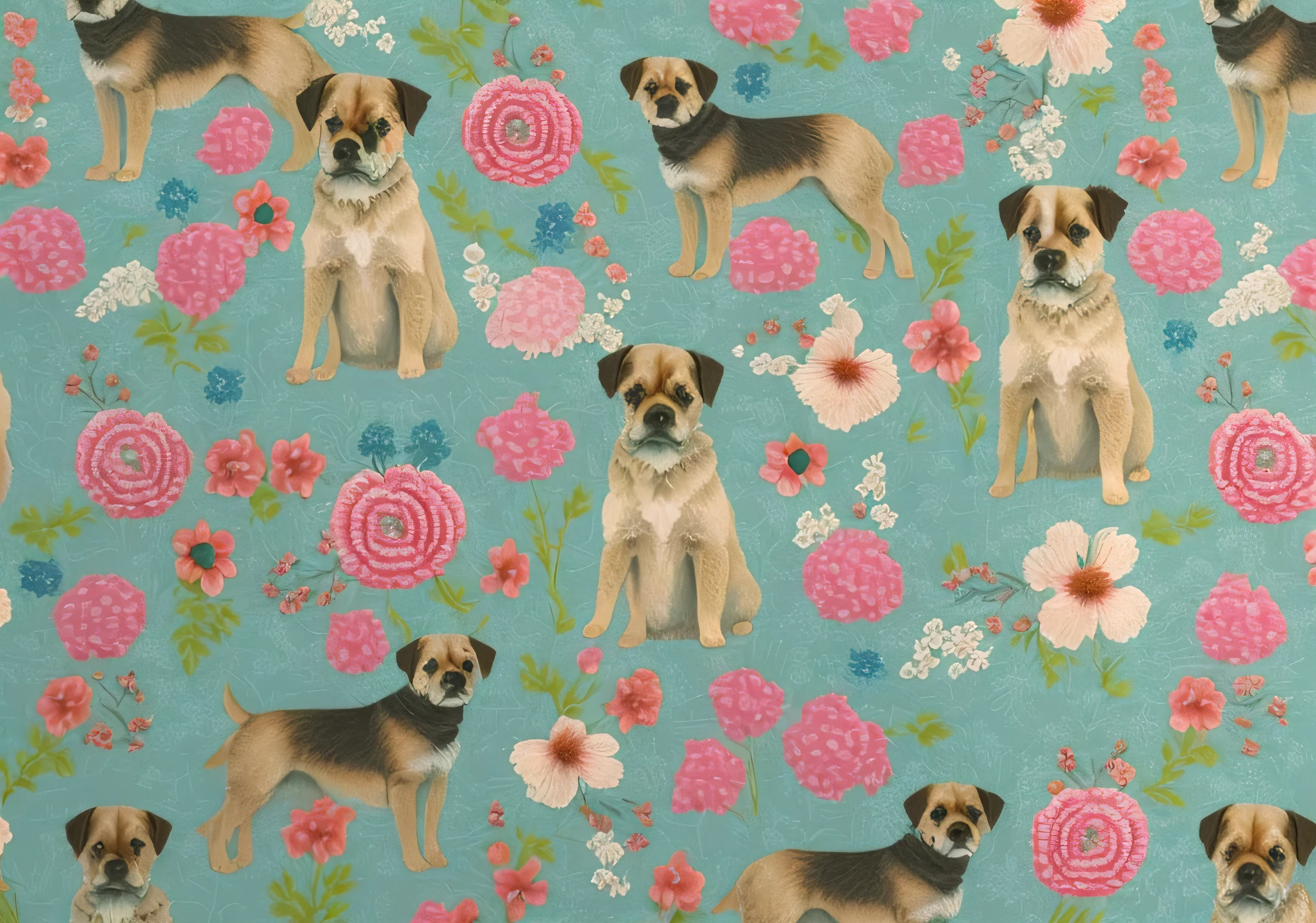 Close up of dog with flowers on blue background, Fondo pintado floral, covered in flowers, Repetitive patterns, retro look, Cute looking, slick design, stunning design, author：Charlotte Harding, stunning  visuals, highly detailed pattern, Full of flowers, chinoiserie pattern, vintage - w 1 0 2 4, Wrapped in flowers, Stunning!, blue backdrop