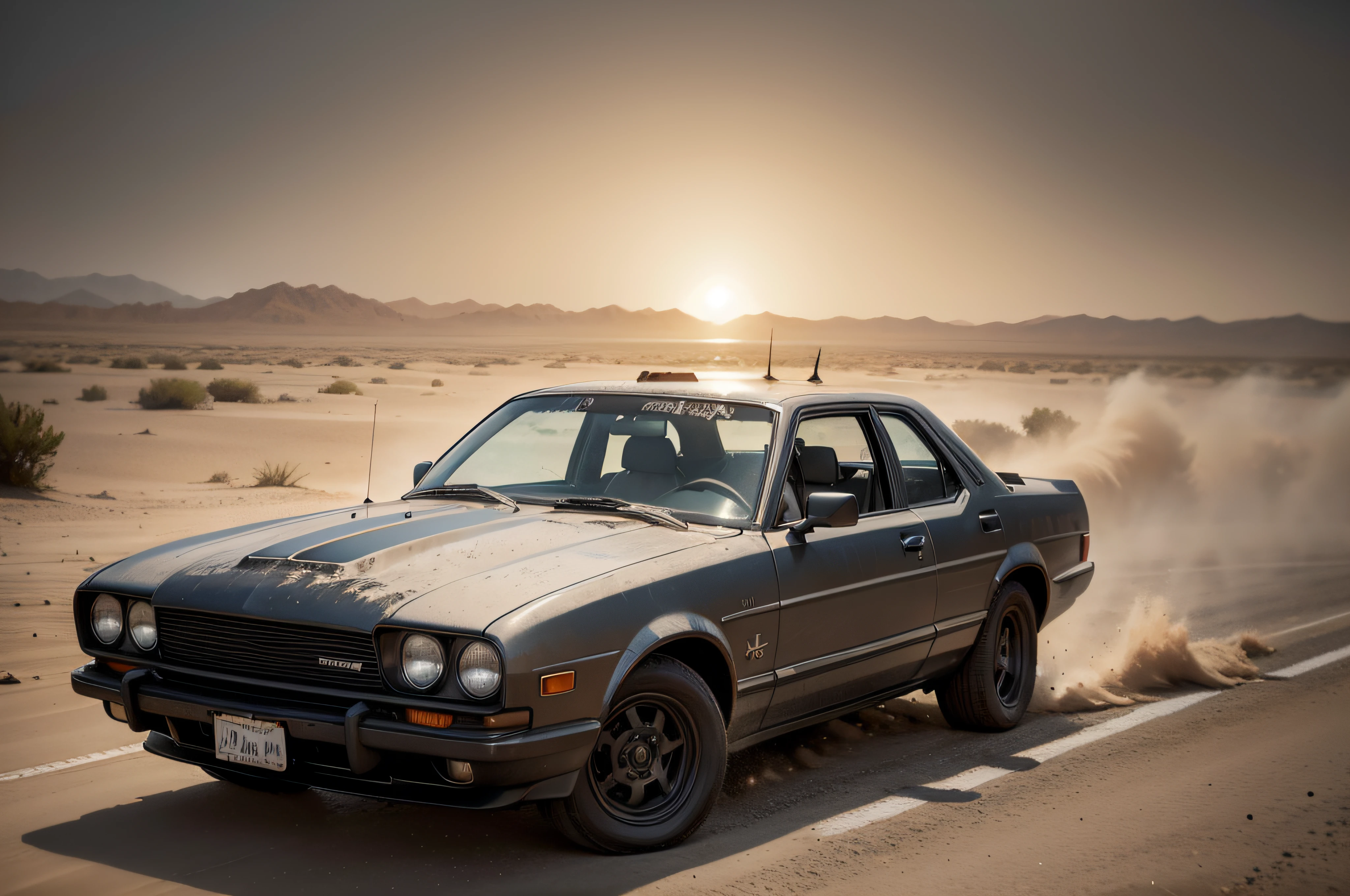 A passenger car in the vein of Mad Max, turned 3/4 towards the viewer, the vehicle's surface covered in patches of worn leather and bullet holes, a roaring sandstorm raging in the background, obscuring the horizon and adding a sense of imminent danger, the atmosphere charged with tension and uncertainty, Mixed Media, combining digital painting and photography, merging the grittiness of the car with the chaotic beauty of the sandstorm, --ar 16:9 --v 5