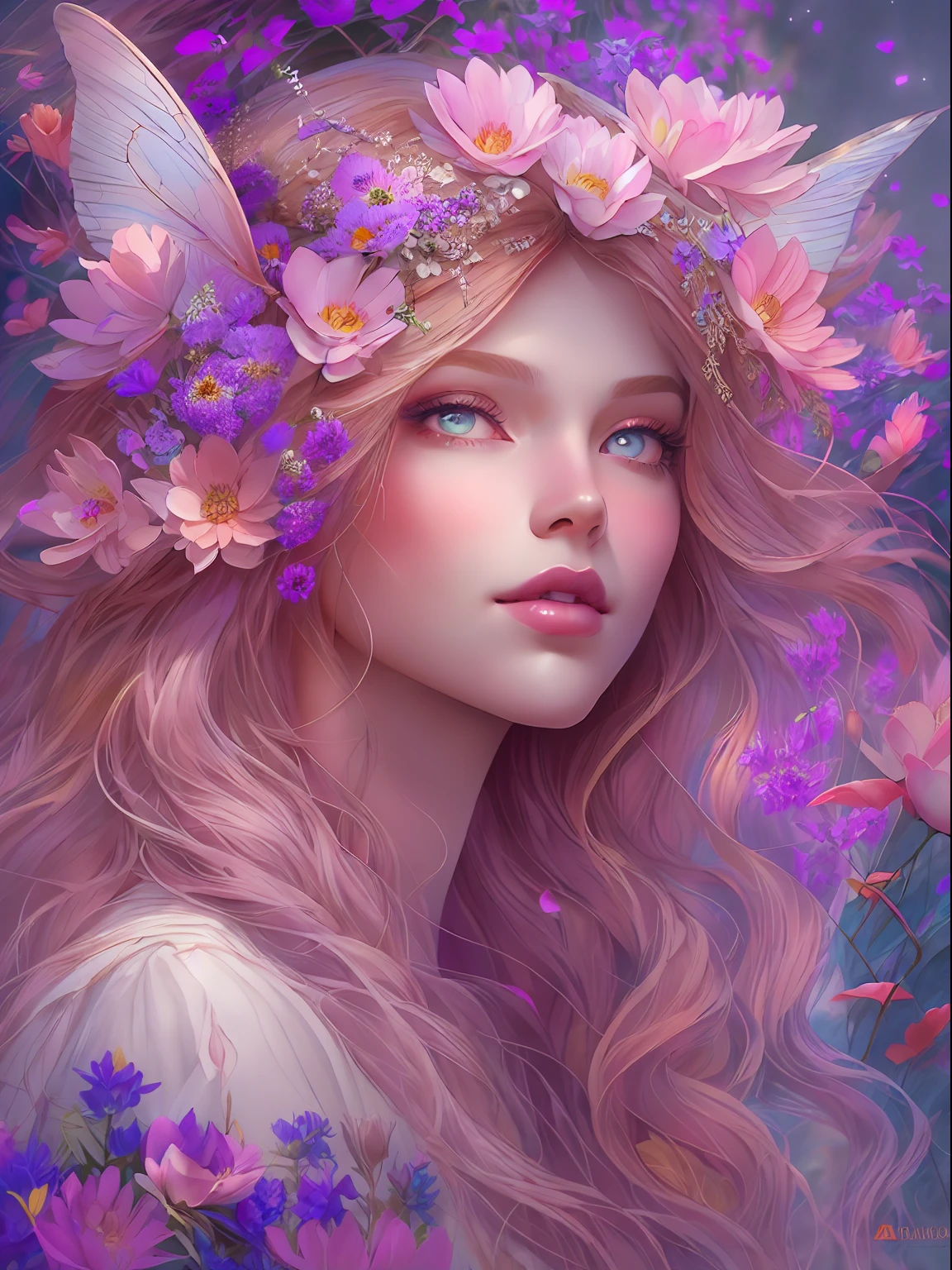 This artwork is dreamy and in the style of mythic fantasy, with soft watercolor hues in varying shades of pink, blue, and purple. Generate an ornate figure from Greek mythology and realistic skin and hair texture. Her strong, proud face has realistically shaded eyes and puffy lips, and a big mouth. Her soft, realistic hair is dancing in the breeze along with the flowers and detailed butterflies that surround her. Include highly detailed fantasy touches including a beautiful watercolor sky. Include 8k eyes, hires eyes, beautiful detail eyes, beautiful detailed eyes, and realistic eyes. Include fantasy details, enhanced details, iridescence, and colorful glitter. Pay special attention to her face and make sure it is beautifully and realistically detailed. 8k, intricate, elegant, highly detailed, majestic, digital photography, art by artgerm and ruan jia and greg rutkowski, (((masterpiece, finely detailed beautiful eyes: 1.2))), hdr, ((realistic skin texture)), rays of light, ornate flowers, dew drops, sunlight, hazy rays of sun, flowergateway style, castle, palace, archway, flowers, growing