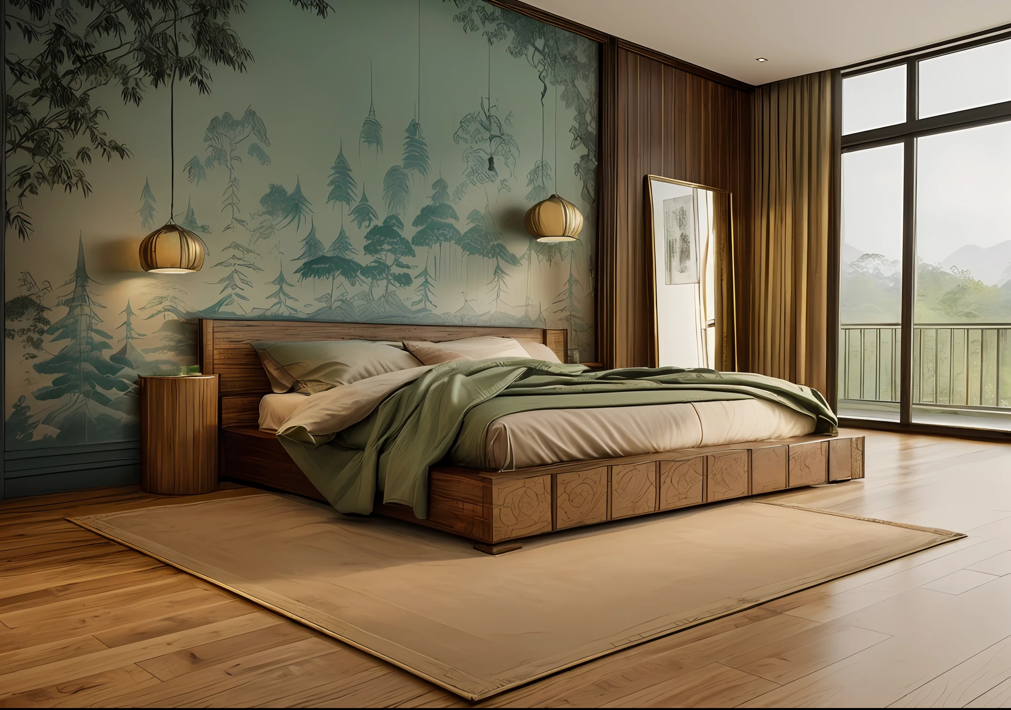 RAW photo, 8k, masterpiece, high quality, film grain, Fujifilm XT3, (very realistic), Interior design bedroom in the forest, Southeast Asian style decoration, Viet Nam, multi-angle display, 3d rendering, comfortable interior lighting, super detail, movies, furniture and glass in the evening, mirror, 8K, indochine_bedroom, (indochine style:1.4), dark wood, fishbone wood floor