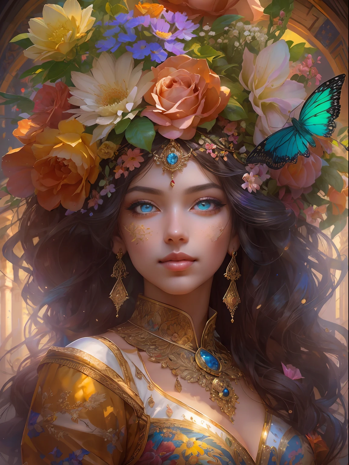 This artwork is colorful and exciting with lots of action and visual interest. Generate a strong and proud woman dressed in intricate and ornate circus garb and realistic skin and hair texture. Her eyes are beautiful and realistically shaded and her face is very proud and highly detailed with puffy lips and a huge mouth. Important: Her eyes are important and should be the highest resolution, extremely detailed, and awe-inspiring, with multiple colors and shades. The background of the image is wild and unruly, with a mix of flowers, petals, circus stuff, and colorful detritus. This image is highly ornate and full of detail. Include fantasy details, enhanced details, iridescence, colorful glittering wind. Pay special attention to her face and make sure it is beautifully and realistically detailed. 8k, intricate, elegant, highly detailed, majestic, digital photography, art by artgerm and ruan jia and greg rutkowski, (masterpiece, finely detailed beautiful eyes: 1.2), hdr, realistic skin texture, rays of light, ornate flowers, dew drops, sunlight, hazy rays of sun, flowergateway style, castle, palace, archway, flowers, growing