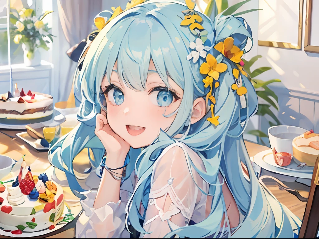 Best quality, tmasterpiece, A 12-year-old girl，Long light blue hair and blue eyes，Happy expression，At the dinner table，There was a birthday cake and lots of delicacies on the dinner table，Clear facial features