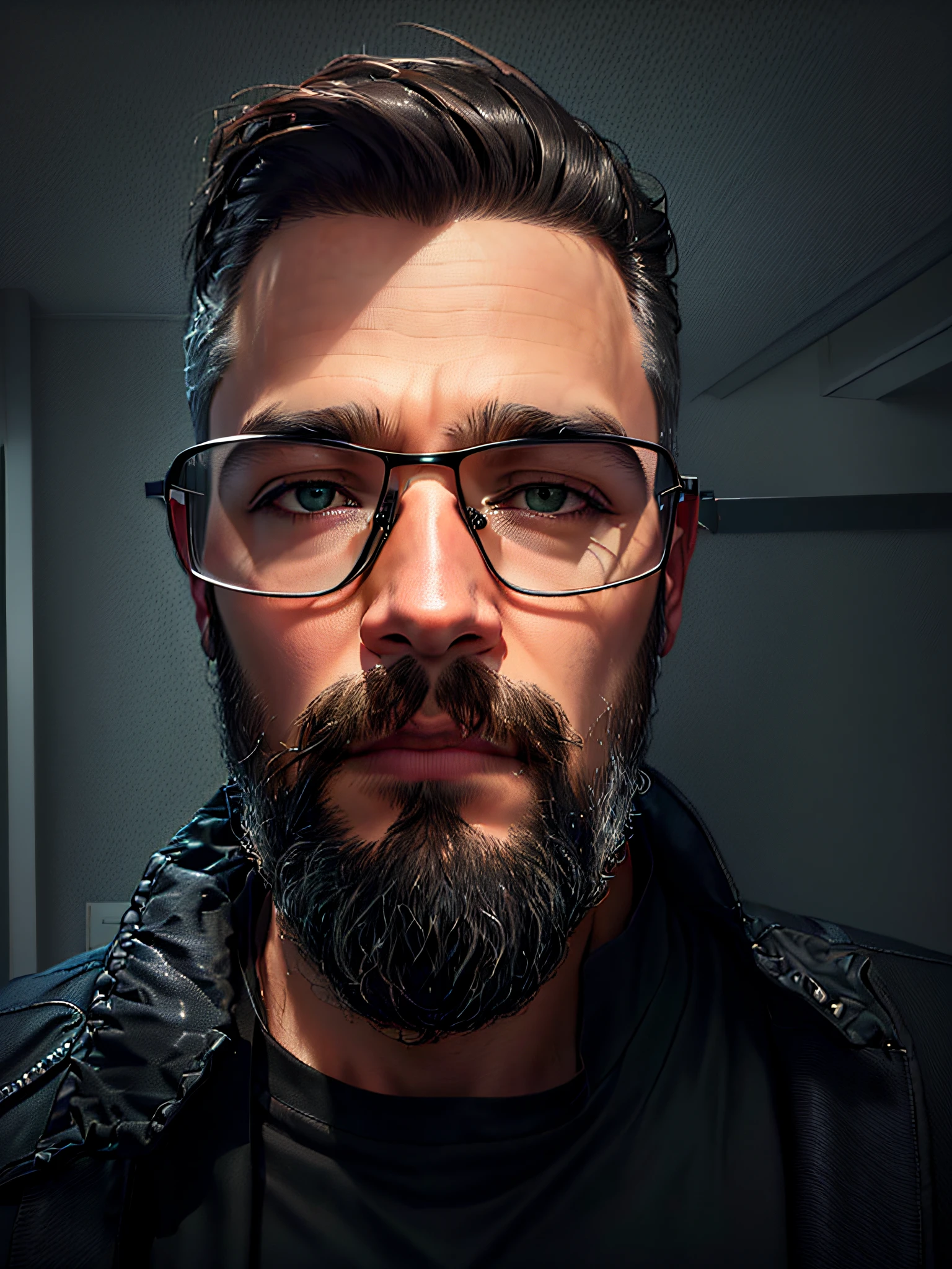 Man with glasses and beard wearing a black jacket, with glasses and goatee, Fotografia selfie 8k, with nerdy glasses and goatee, staring directly at camera, foto de perfil profissional, com uma barba pequena, sem barba, staring directly at camera, imagem frontal, looking straight into the camera, Retrato tirado 8 K, imagem de qualidade muito baixa