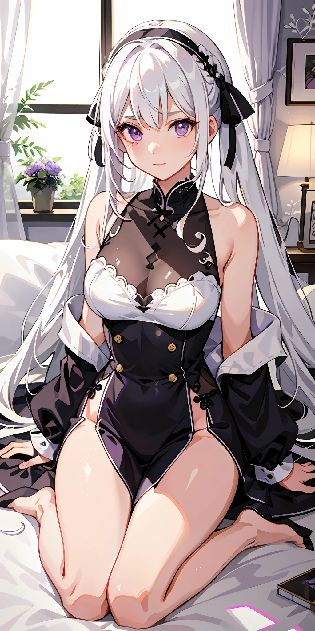 realisticlying, 1girl, White hair, Purple eye, 比基尼,, llight rays, the wallpaper,Have sex in bed,creampie