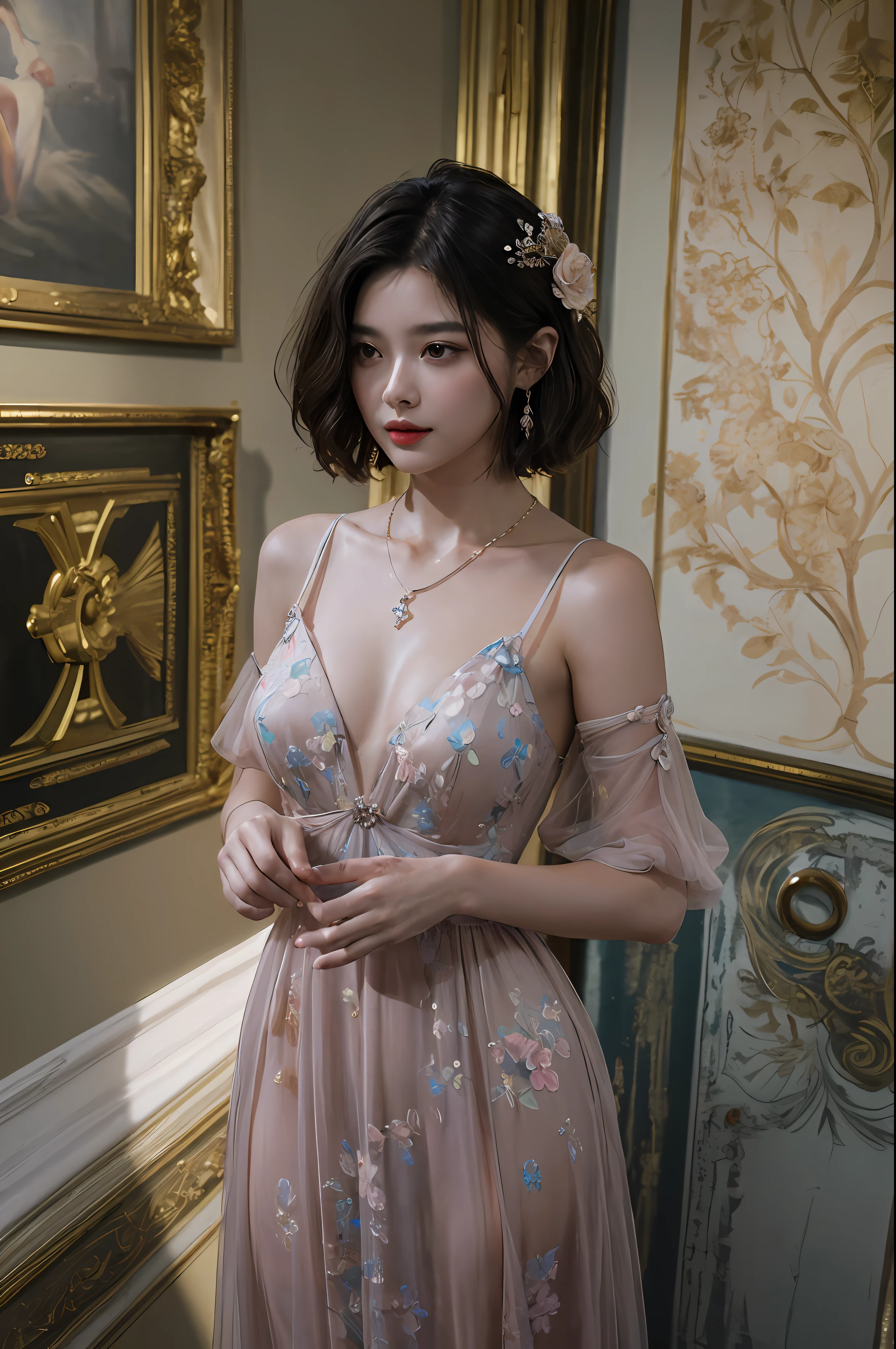 top-quality、masterpiece、超A high resolution、(Photorealsitic:1.5)、Raw foto、1girl in、murky、deep-shadows、Unobtrusive、cold light、sexy appearance、shorth hair、((very_short_hair))、((Luxury evening dresses))、((Luxurious painting))、((Luxurious necklace))、((Floral hair ornament))、((hair_ornament))