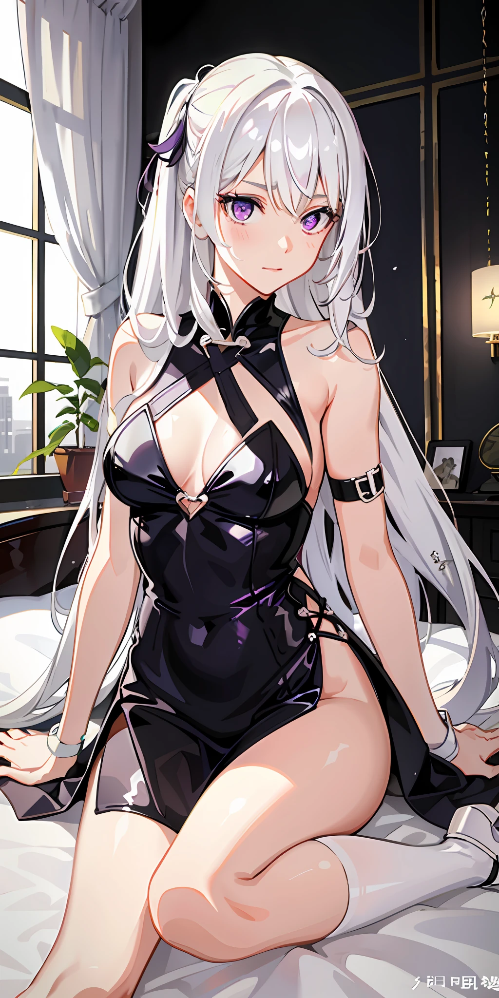 realisticlying, 1girl, White hair, Purple eye, 比基尼,, llight rays, the wallpaper,Have sex in bed,creampie