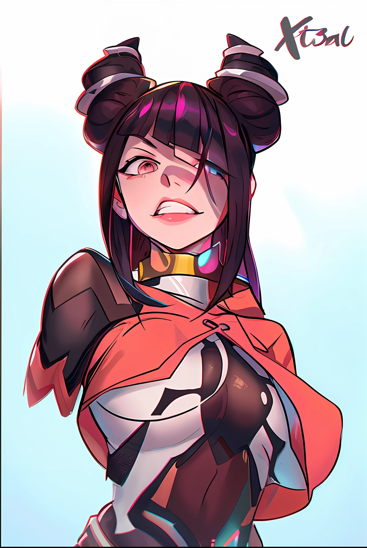 um close up de um personagem de desenho animado com um cabelo rosa e preto, Nezuko, Nezuko-chan, Overwatch Fanart, Como um personagem de Overwatch, Yuri Misaki, De Overwatch, KDA, oppai cyberpunk, Akali, Commission for High Res, por Shingei, negao, Estilo Overwatch, OC Commission, inspirado em Puru