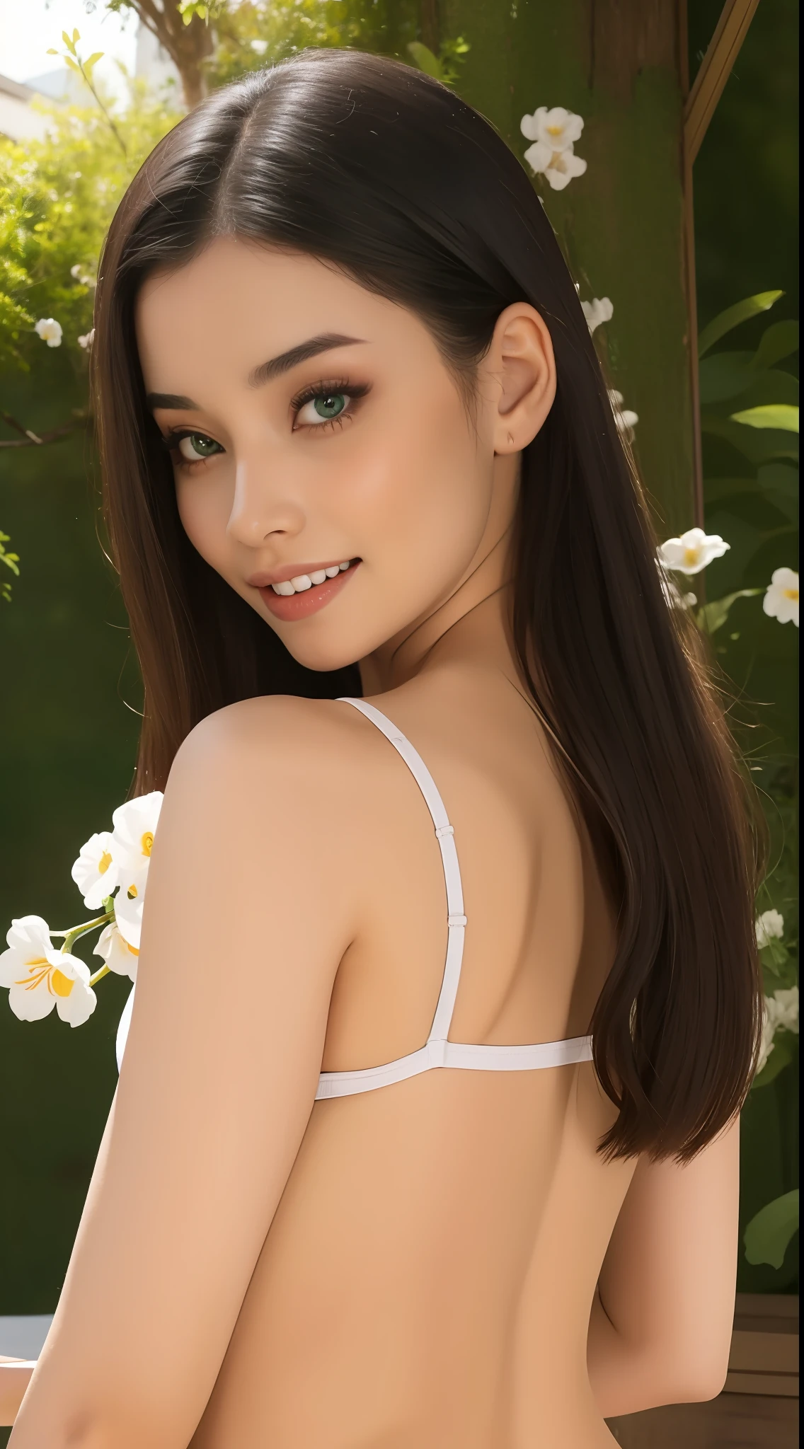Fashion model  [[[[closeup cleavage]]]], [[[[boobgasm]]]], [[[[coll]]]], [[[[bshoulders]]]], perfect  eyes, Perfect iris，Perfect lips，perfect teeth，Perfect skin，with fair skin，Soft front light，hdr，Movie girl，Casual，ssmile，The background is outdoor，Green trees and flowers，（pastel colour：1.2）