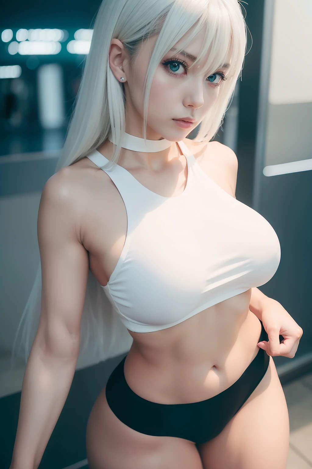 there is a woman with a very large breast posing for a picture, 2 b, 2b, with abs, perfect white haired girl, photo of slim girl model, wearing a sexy cropped top, beautiful midriff, sexy look, anime girl in real life, beautiful cyberpunk woman model, shot on canon eos r5, shot on canon eos r 5