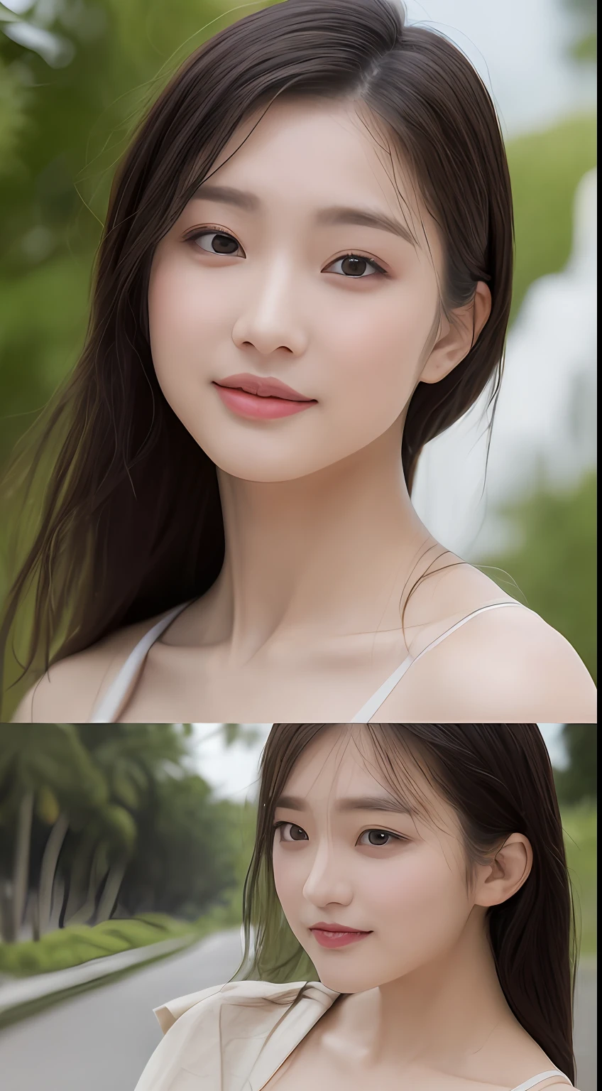Alafed Korean Woman(((top-quality、8K、masterpiece:1.3))、Beautiful woman with perfect body shape:1.4、Fat abs:1.1、(beautiful small tits:1.2)、((the beach:1.2))、Highly detailed facial and skin texture、A detailed eye、Single eyelid、A smile:1.5、full body Esbian、((Drenched nakedness))、steam、Face、Neck