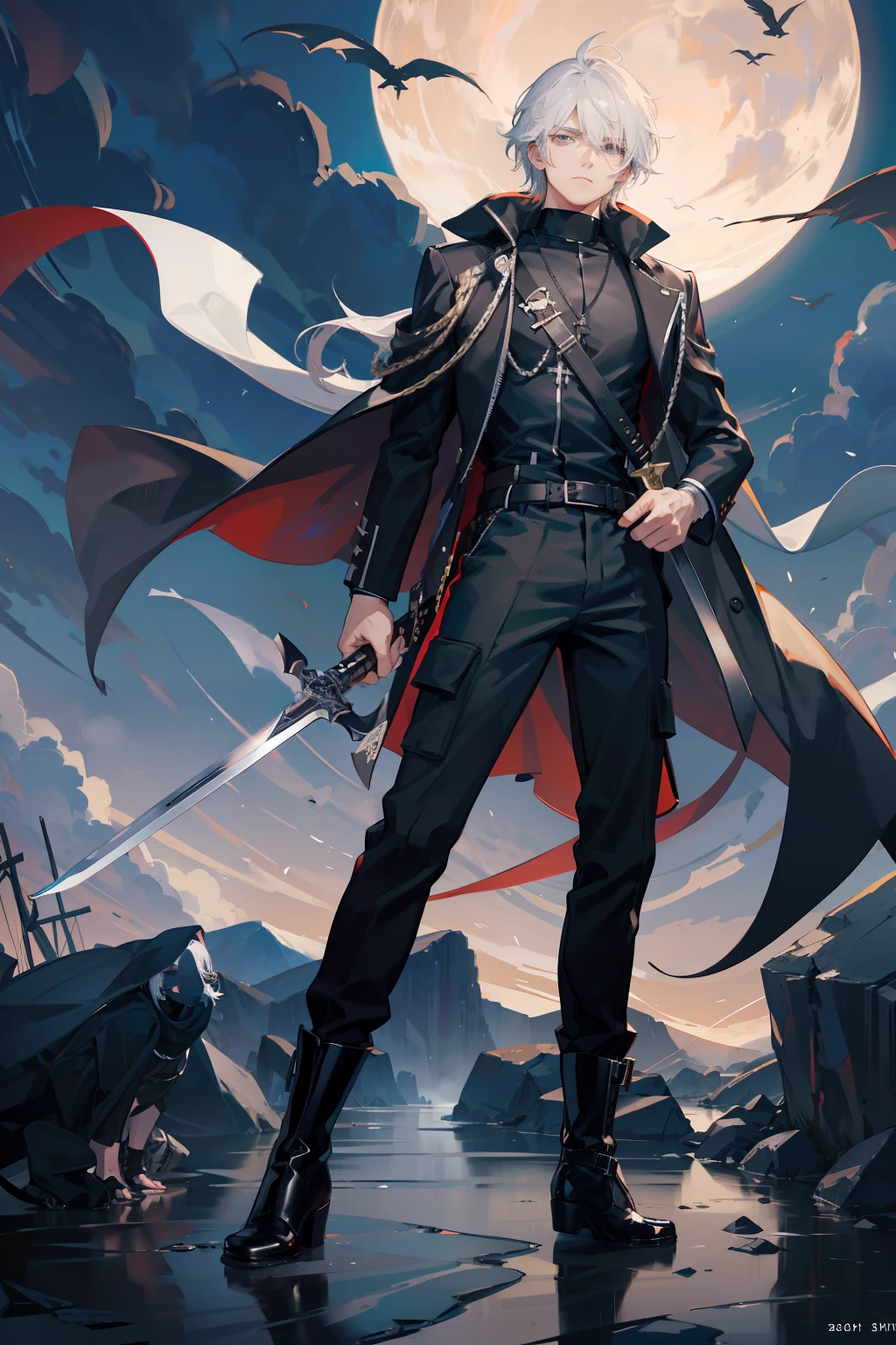 Full body like,White-colored skin,White-colored skin,combat scene,whaite hair,Black pupils,Pure black eyes,Silver-toned stud earrings,shoun,crosses,bandagens,There are bandages on the hands,short detailed hair,Handsome,Libido boy,Highest image quality,the night,the night,warn,male people,hooding,cargo pants,Martin boots,Black pick dye,Long sword,crosses,crosses,nighttime scene,Black cargo pants,Black pantsuit,Streamers,wind coat