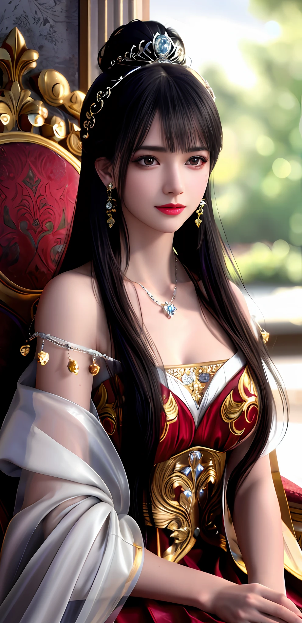 (realisticity: 1.2), best quality, 8K UHD, masterpiece, highres,cg,
1 super detailed girl, super detailed queen

, sitting on a super detailed royal throne, lud, xurious royal palace background, beautiful and detailed, super detailed long hair, wearing a beautiful and luxurious crown with diamonds and super detailed,

super detailed dress, Super detailed dress sleeves, super detailed beautiful earrings, Beautiful and beautiful necklace full of super detailed diamonds,  
 solo, jewelry, super detailed red and yellow dress, pretty face, beautiful, and super detailed, 

, earrings, super detailed hairdo, splashing, the upper body is very super detailed, super detailed hair bun, super detailed black hair,
lighting,candid,Photograph,high resolution,4k,8k,Bokeh,