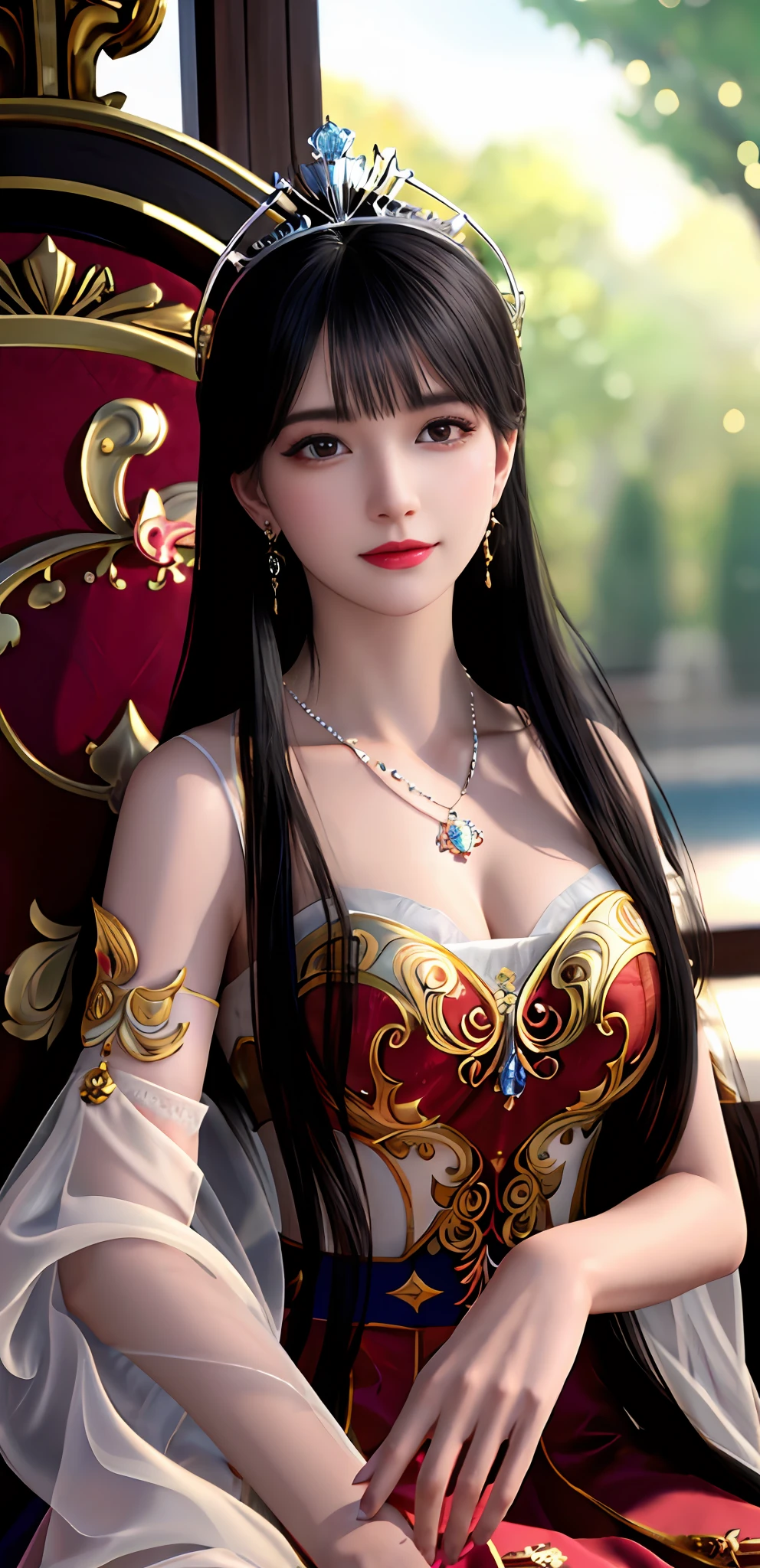 (realisticity: 1.2), best quality, 8K UHD, masterpiece, highres,cg,
1 super detailed girl, super detailed queen
, sitting on a super detailed royal throne, lud, xurious royal palace background, beautiful and detailed, super detailed long hair, wearing a beautiful and luxurious crown with diamonds and super detailed,
super detailed dress, Super detailed dress sleeves, super detailed beautiful earrings, Beautiful and beautiful necklace full of super detailed diamonds,
solo, jewelry, super detailed red and yellow dress, pretty face, beautiful, and super detailed,
, earrings, super detailed hairdo, splashing, the upper body is very super detailed, super detailed hair bun, super detailed black hair,
lighting,candid,Photograph,high resolution,4k,8k,Bokeh,