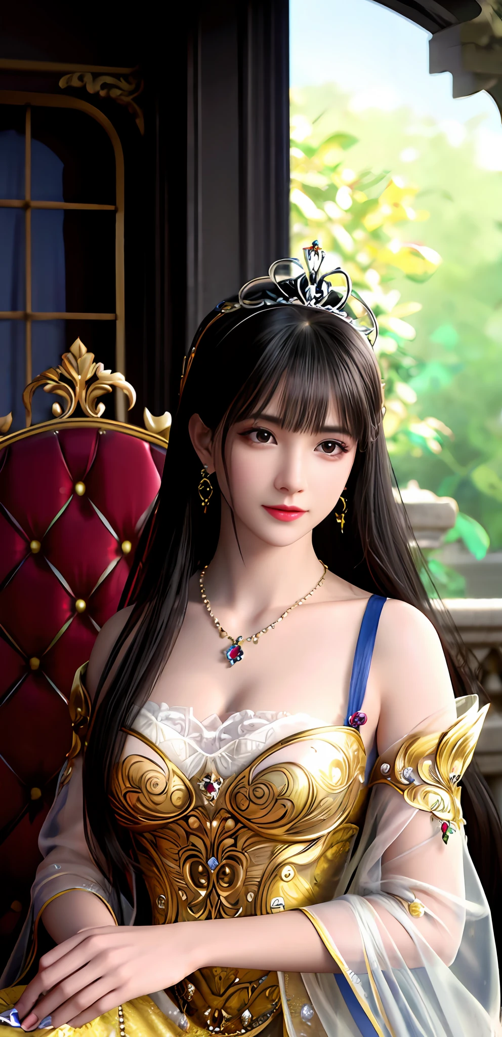 (realisticity: 1.2), best quality, 8K UHD, masterpiece, highres,cg,
1 super detailed girl, super detailed queen
, sitting on a super detailed royal throne, lud, xurious royal palace background, beautiful and detailed, super detailed long hair, wearing a beautiful and luxurious crown with diamonds and super detailed,
super detailed dress, Super detailed dress sleeves, super detailed beautiful earrings, Beautiful and beautiful necklace full of super detailed diamonds,
solo, jewelry, super detailed red and yellow dress, pretty face, beautiful, and super detailed,
, earrings, super detailed hairdo, splashing, the upper body is very super detailed, super detailed hair bun, super detailed black hair,
lighting,candid,Photograph,high resolution,4k,8k,Bokeh,