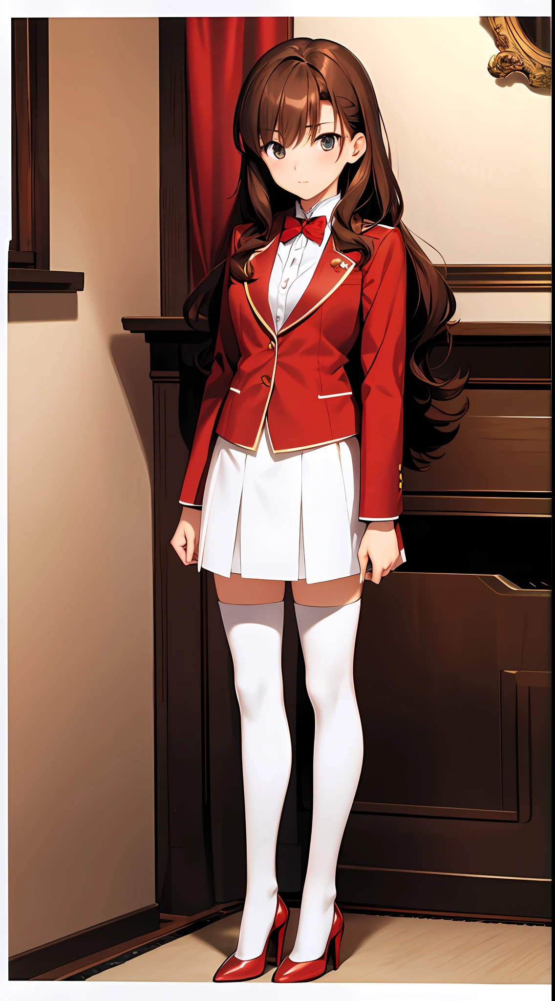 takeuchi takashi, ((Masterpiece, highres)), 1girl, solo, teenager, ((brown hair)), long hair, curly hair, matching hairstyles, different hair color, confident, elegant, rich girl, hazel eyes, happy, arms at sides, straight backs, (((red blazer, red pencil skirt, white thighhighs, thighhigh socks, blue high heels))), standing at attention, upper body