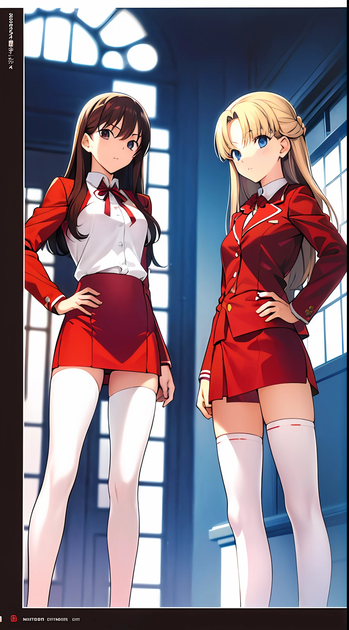 takeuchi takashi, ((Masterpiece, highres)), 2girls, duo, twins, agers,  ((one brown haired girl, one blonde girl)), long hair, curly hair, matching hairstyles, different hair color, confident, elegant, rich girls, hazel eyes, happy, arms at sides, straight backs, (((matching outfits, identical outfits, matching uniforms, red blazer, red pencil skirt, white thighhighs, thighhigh socks, blue high heels, same color outfits))), standing at attention, shoulder to shoulder, same pose